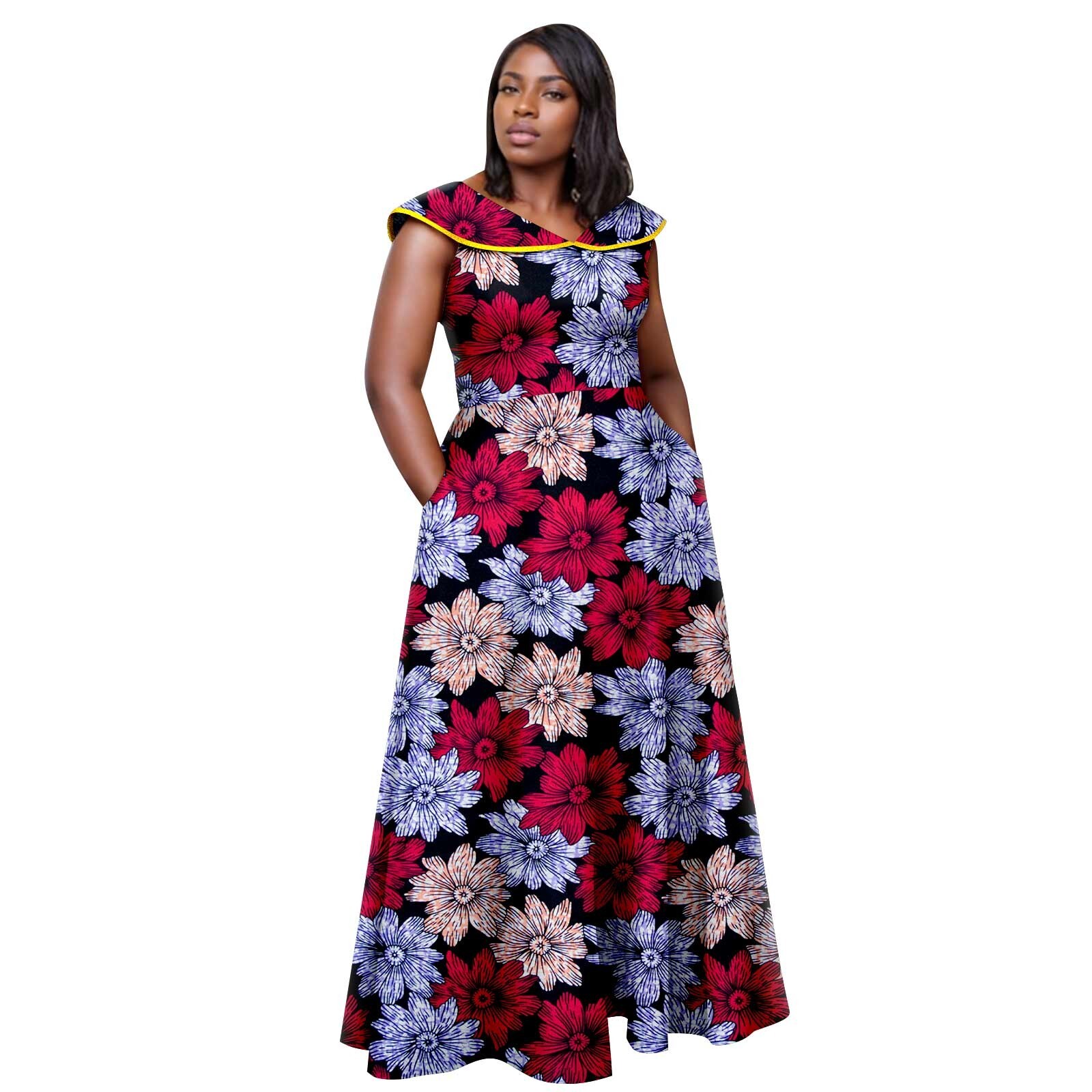 African Dress for Women Wax Print V-Neck Dress with Pockets 2425170