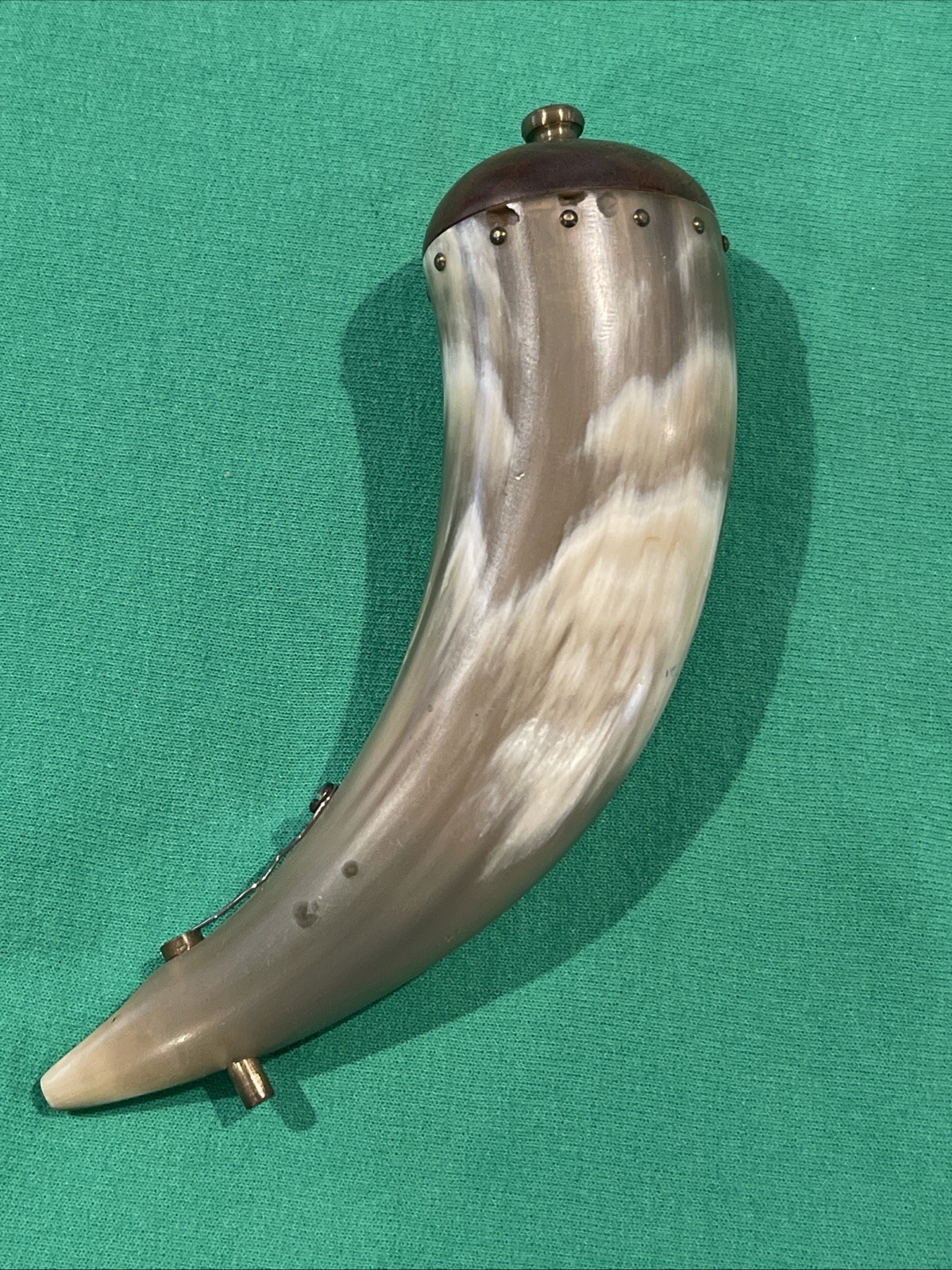 Vtg Gun Powder Bull Horn Quick Release Wood Top Rifle Musket Ball Black Powder