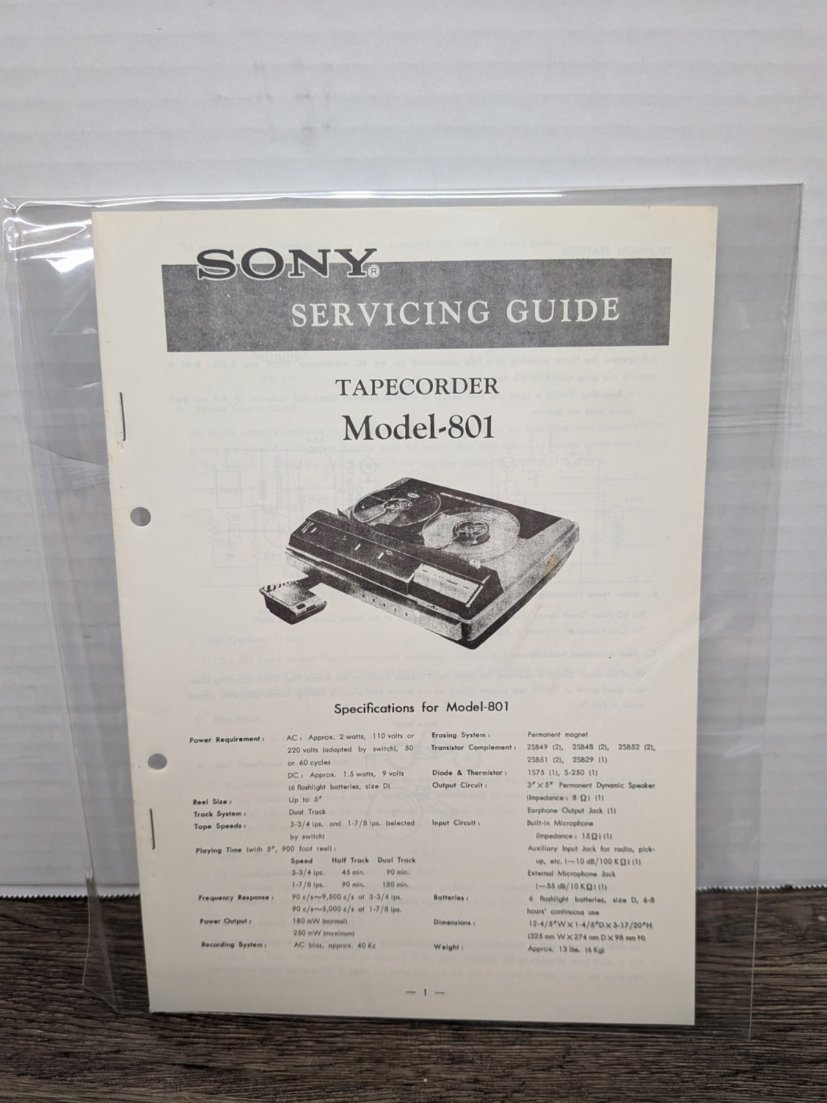 Sony Tapecorder Model 801 Service Manual Original Paperwork Vintage Guide Repair