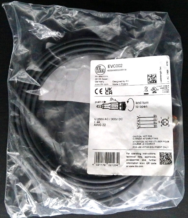 NEW IFM Power Cable Electric Motor EVC002 250V AC 300V DC for Industrial Use