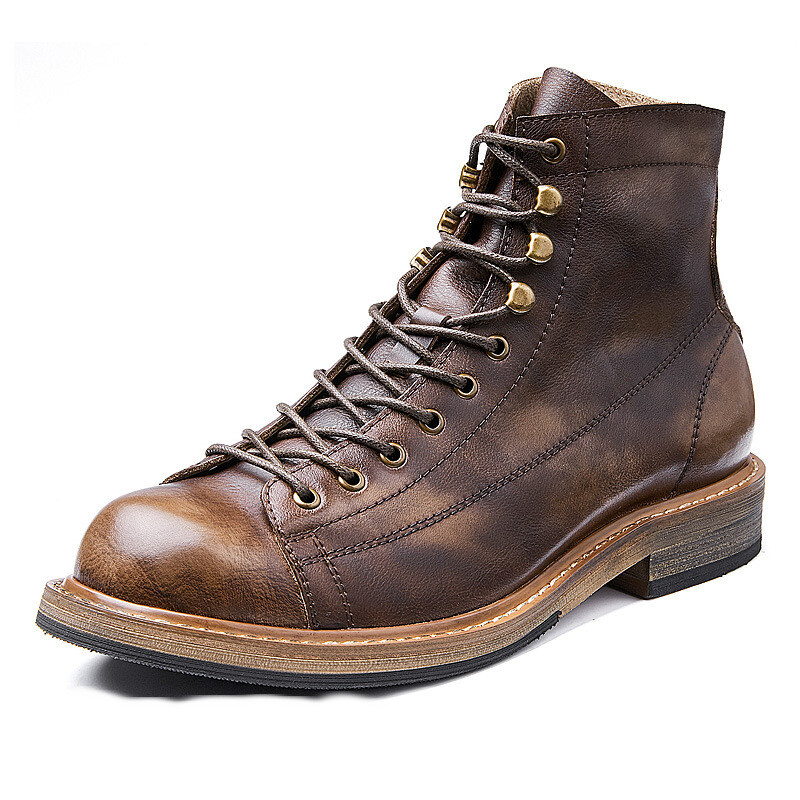 Retro Motorcycle Mens Lace Up Real Leather Ankle Boots Work Shoes Western Style