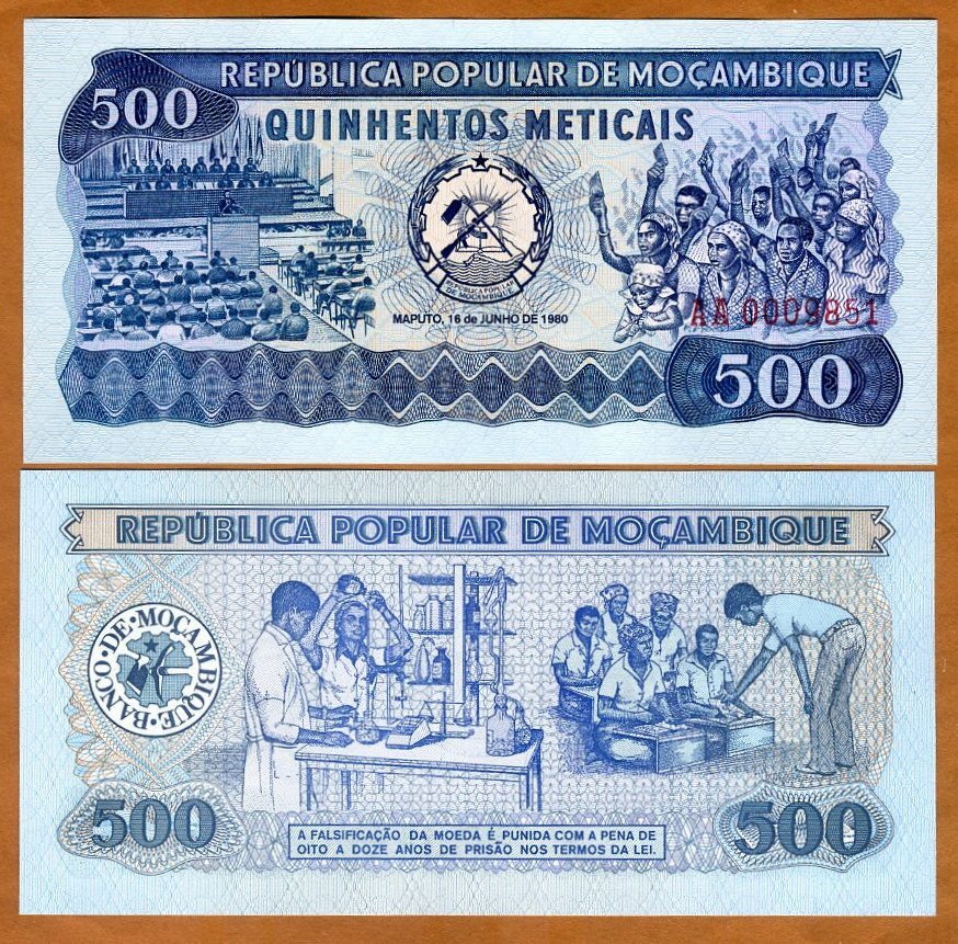 Mozambique, 500 meticais, 1980, P-127, AA-Prefix, UNC Socialist State