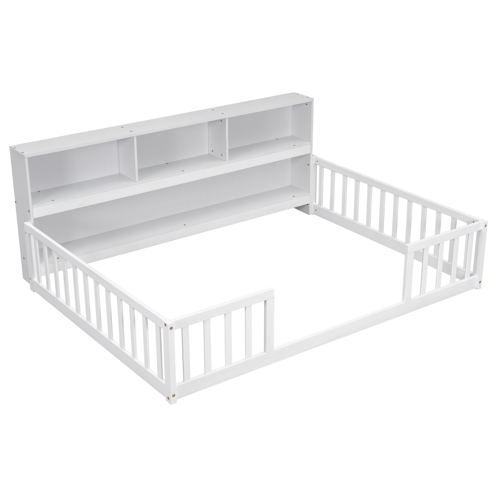 Full Size Floor Bed w/ Bookcase & Guardrails, White, Sturdy Pine Frame