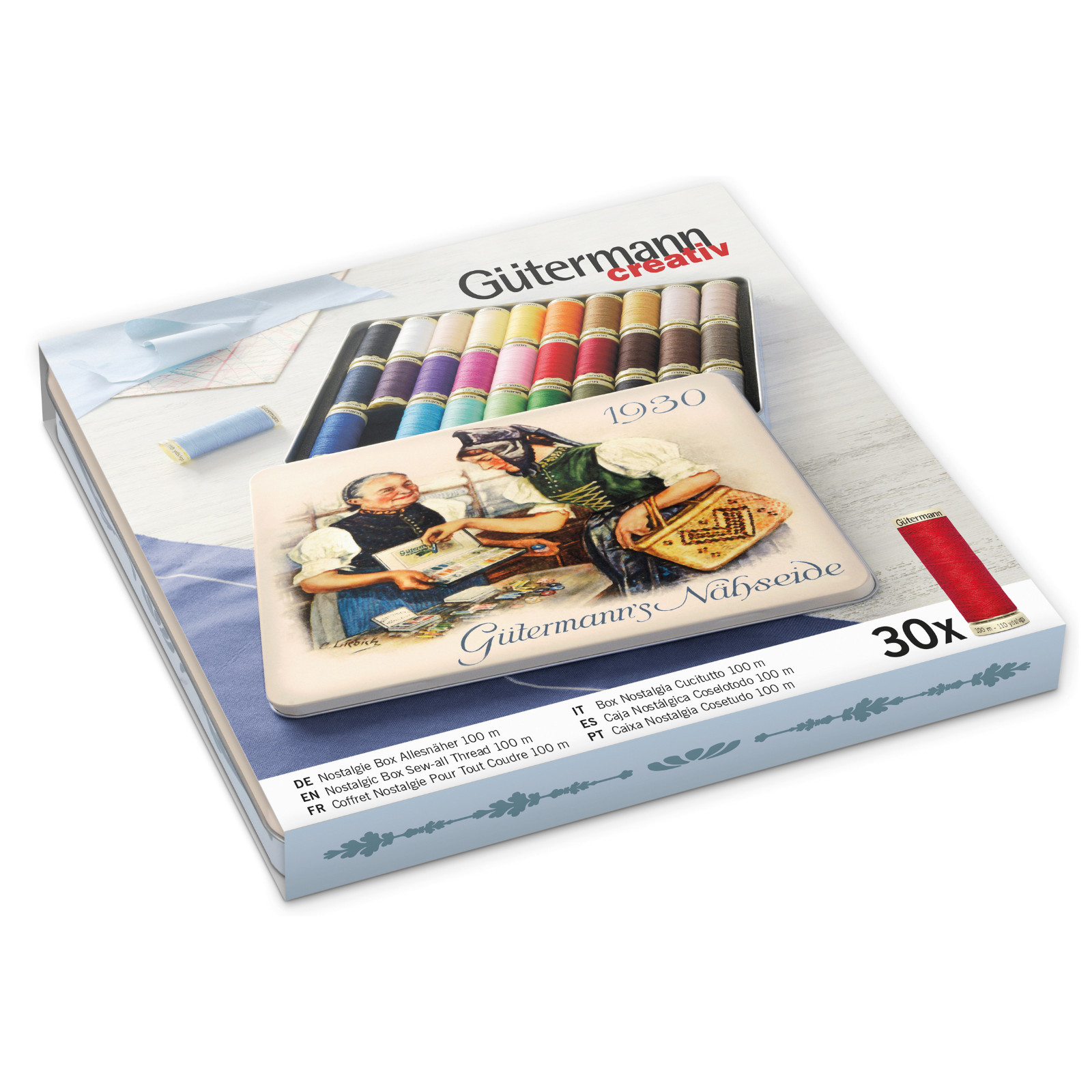 Gutermann  Storage Tin: Nostalgic '1930': Sew-All: 30 x 100m: Assorted Shades