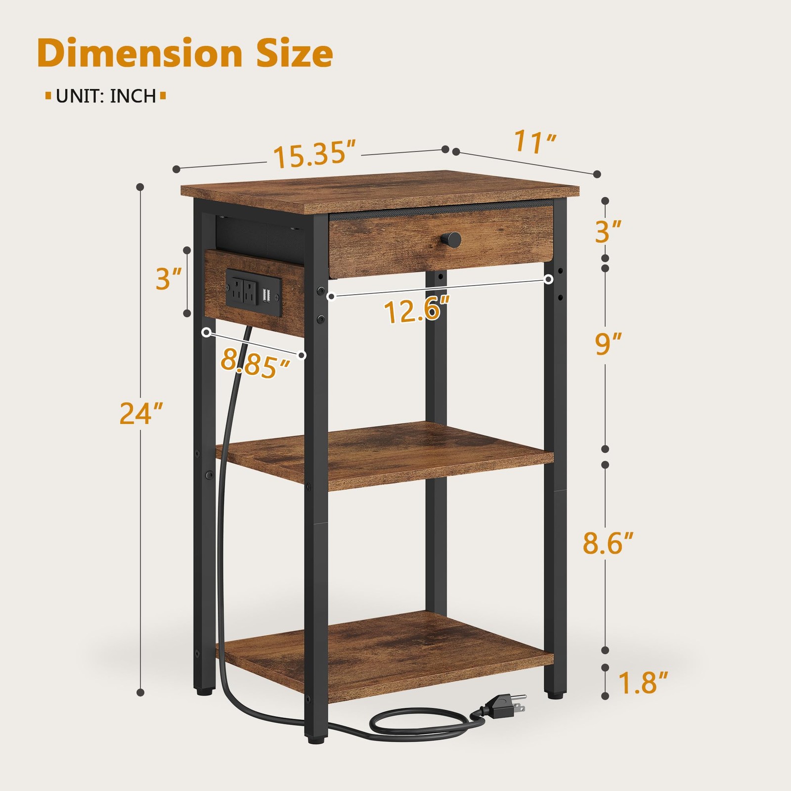 Printer Stand with Power Outlets, 3-Tier Under 3 layer & CS, Rustic Brown