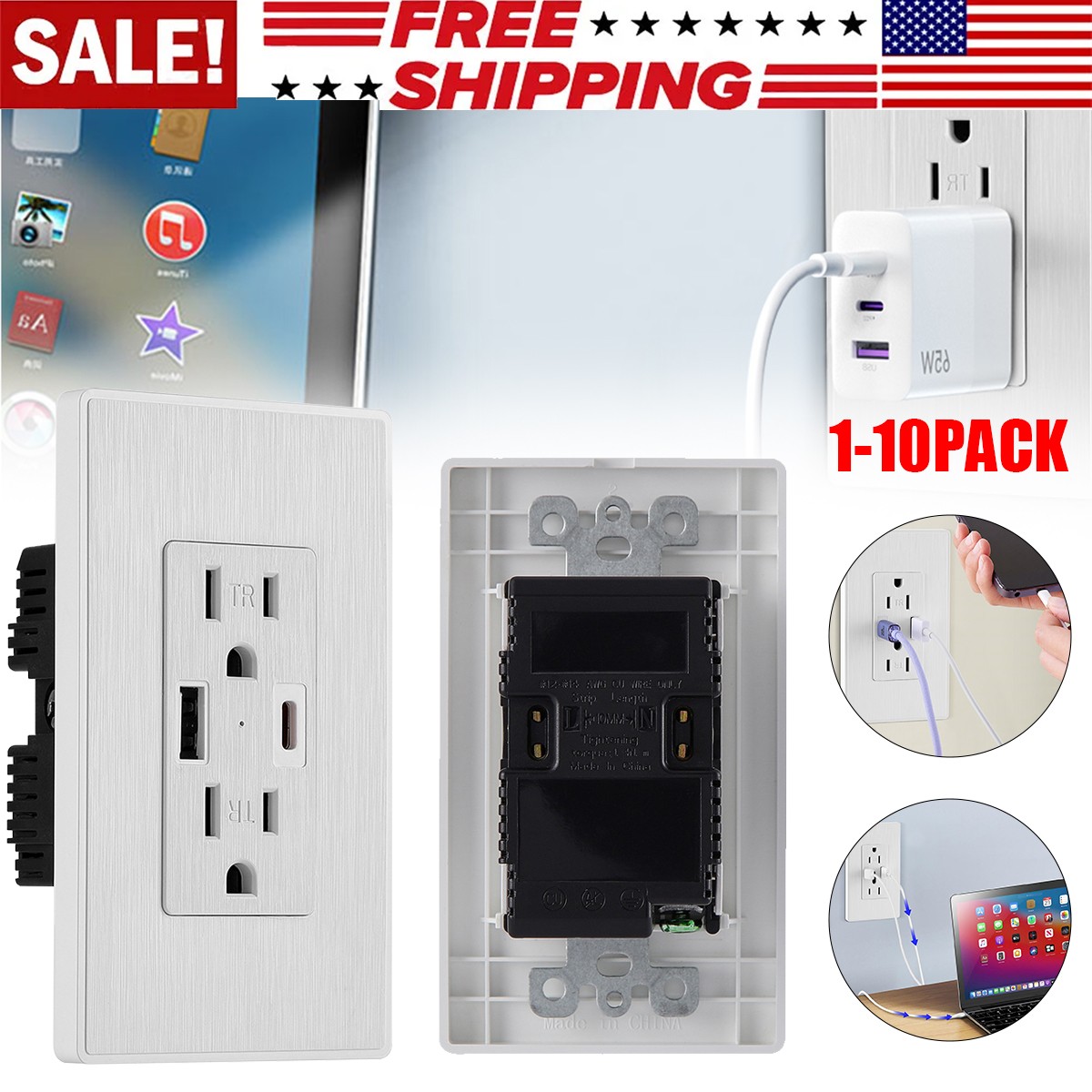 Electrical Outlet Panel Wall Socket AC Power Receptacle w/ USB-C USB-A Port Lot