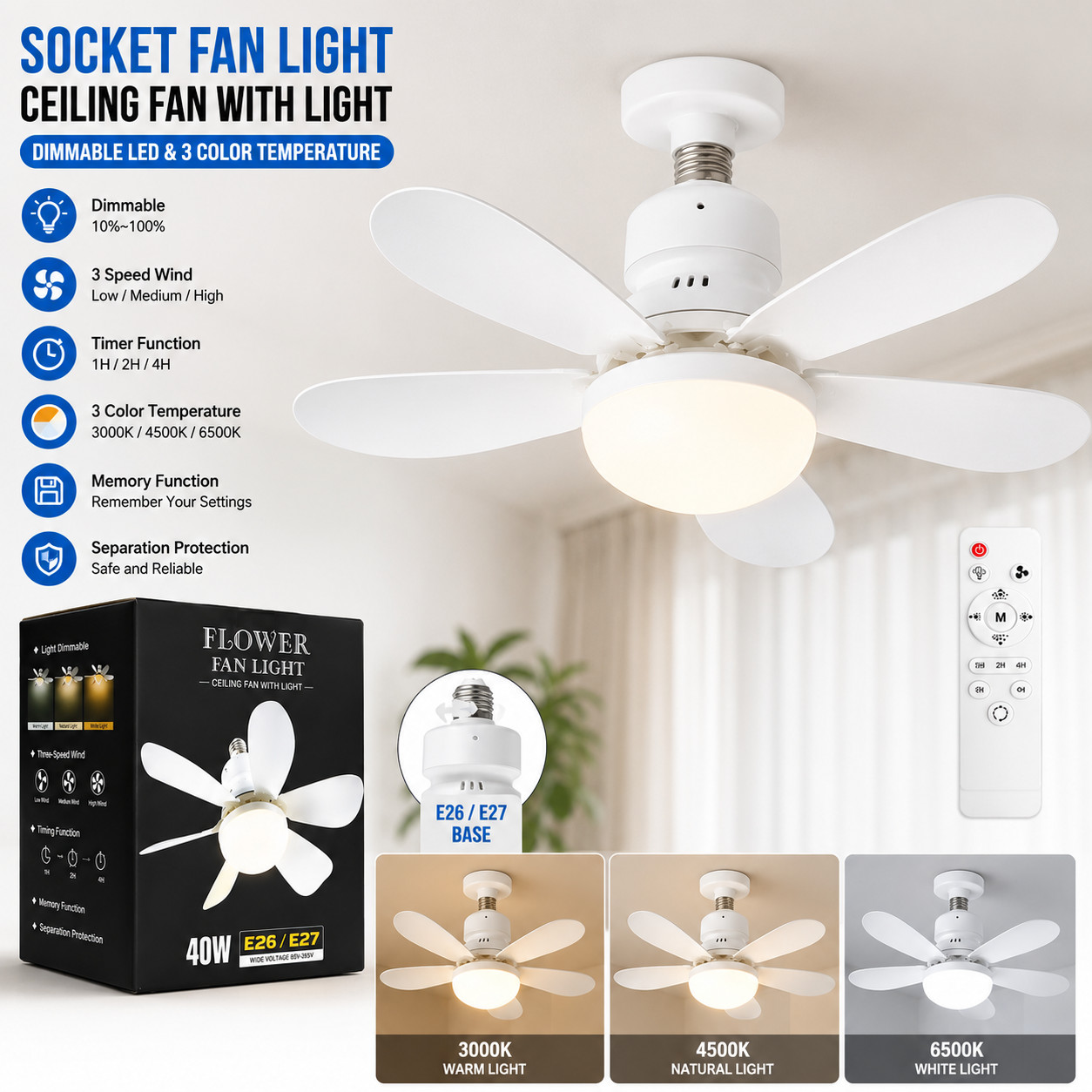 Socket Fan Light Ceiling Fans With Lights And Remote Dimmable LED Ceiling Fan US