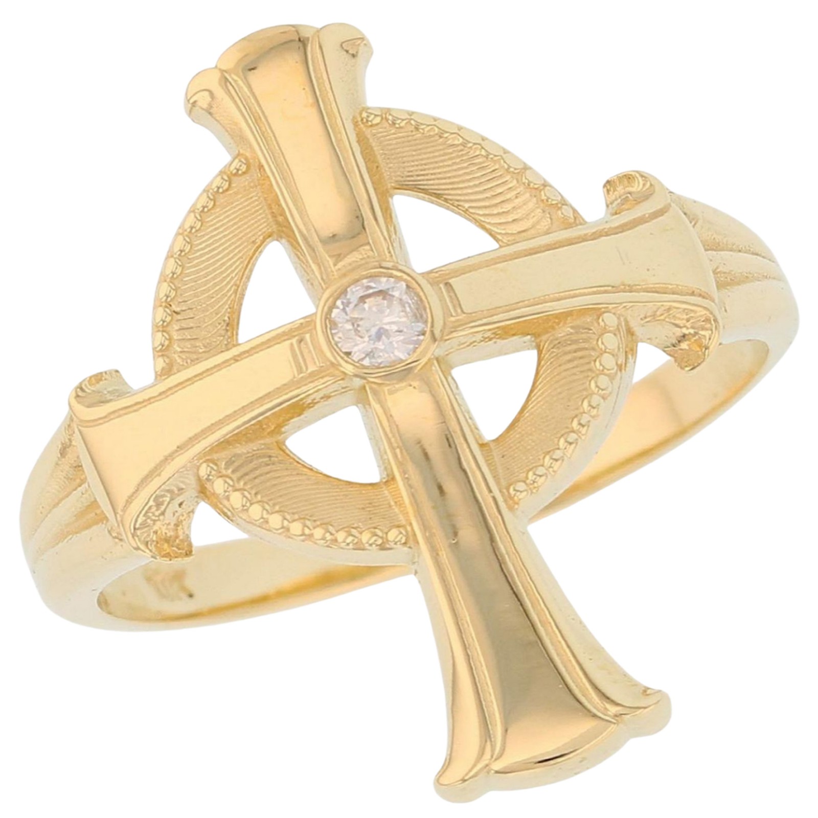 10k or 14k Yellow Gold Celtic Cross White CZ Mens Religious Ring