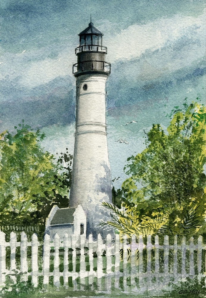 Key West Lighthouse & Fence, Florida Keys. Gerald C. Hill Watercolor Notecards