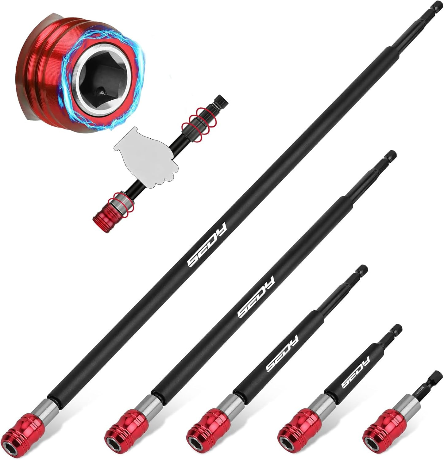 5 Pc Magnetic Bit Holder Extension Set, CR-V Steel, 2-17 Inch
