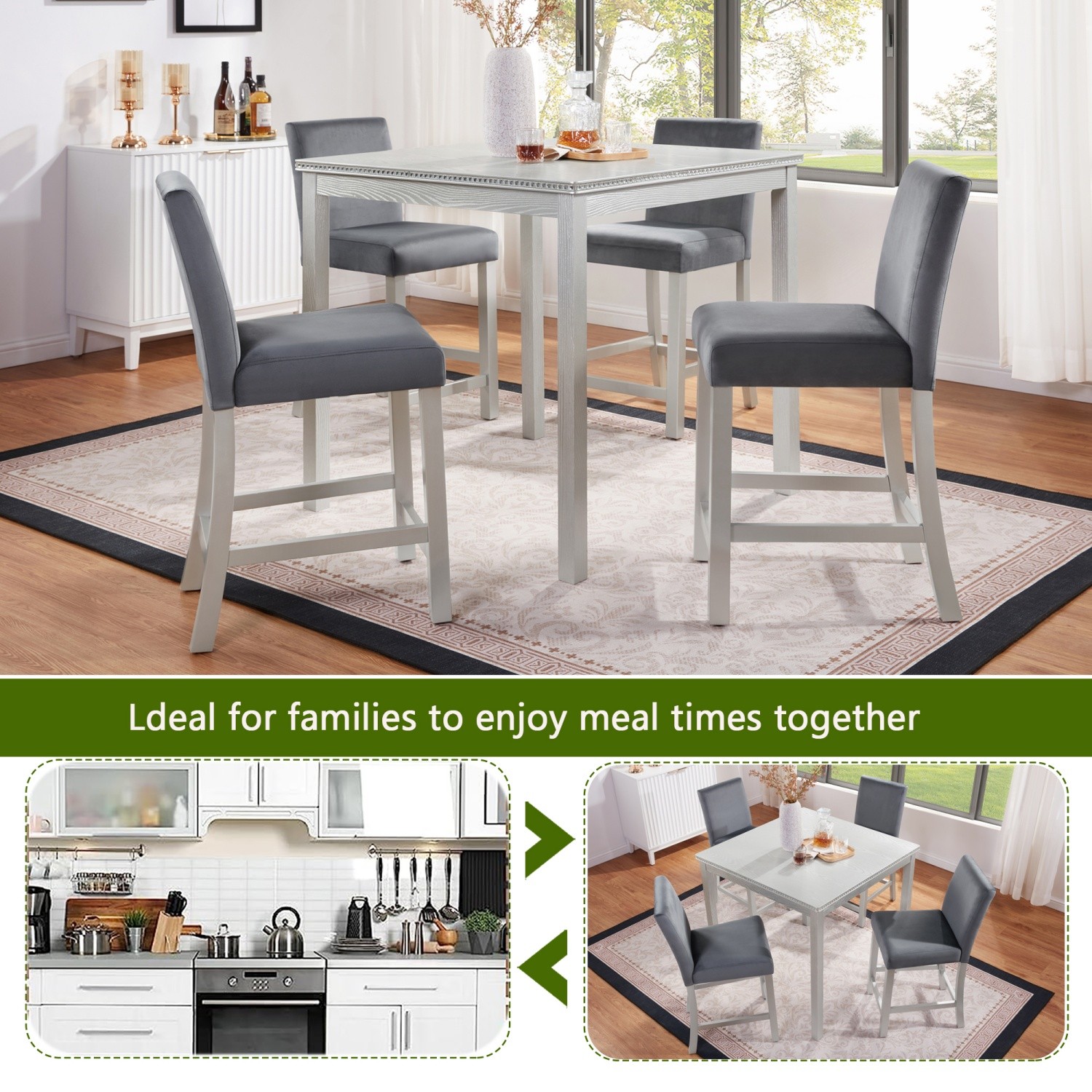 Modern 5 Piece Dining Table Set Wood Square Dining Table & 4 Chair Silver Gray