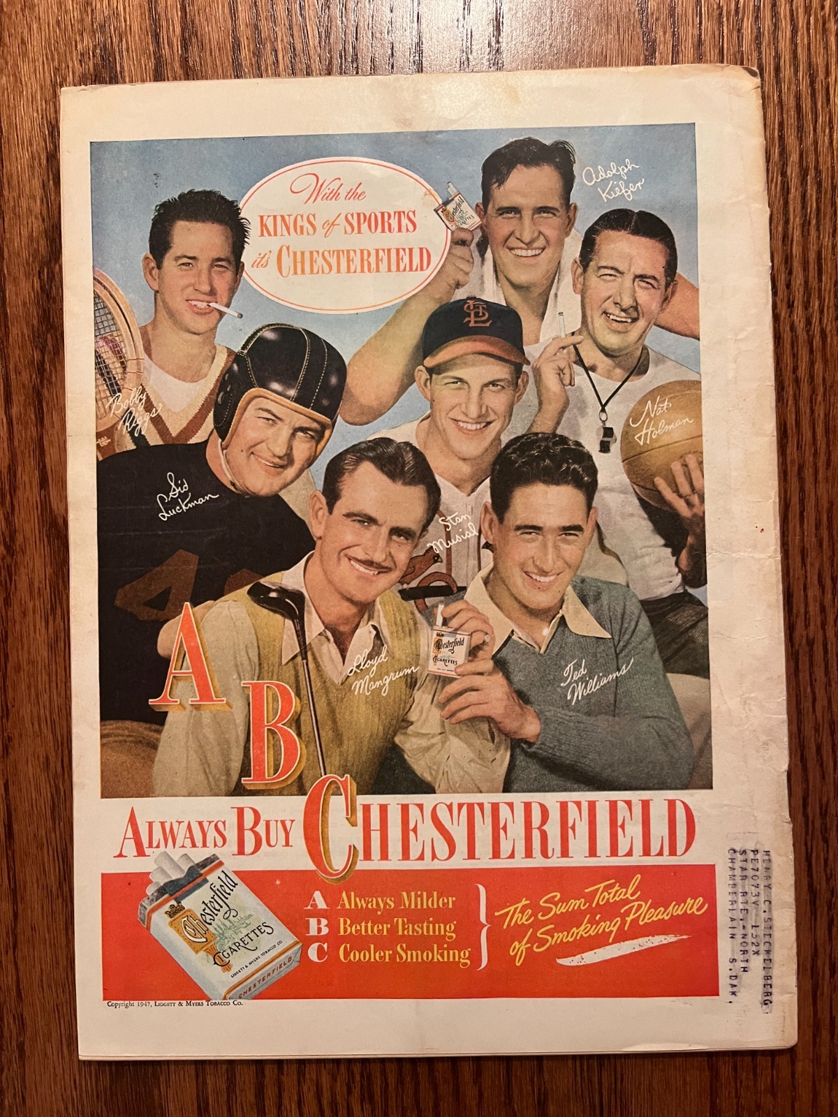 Musial, Ted Williams & more back cover Chesterfield Tobacco Ad - Pathfinder 1947