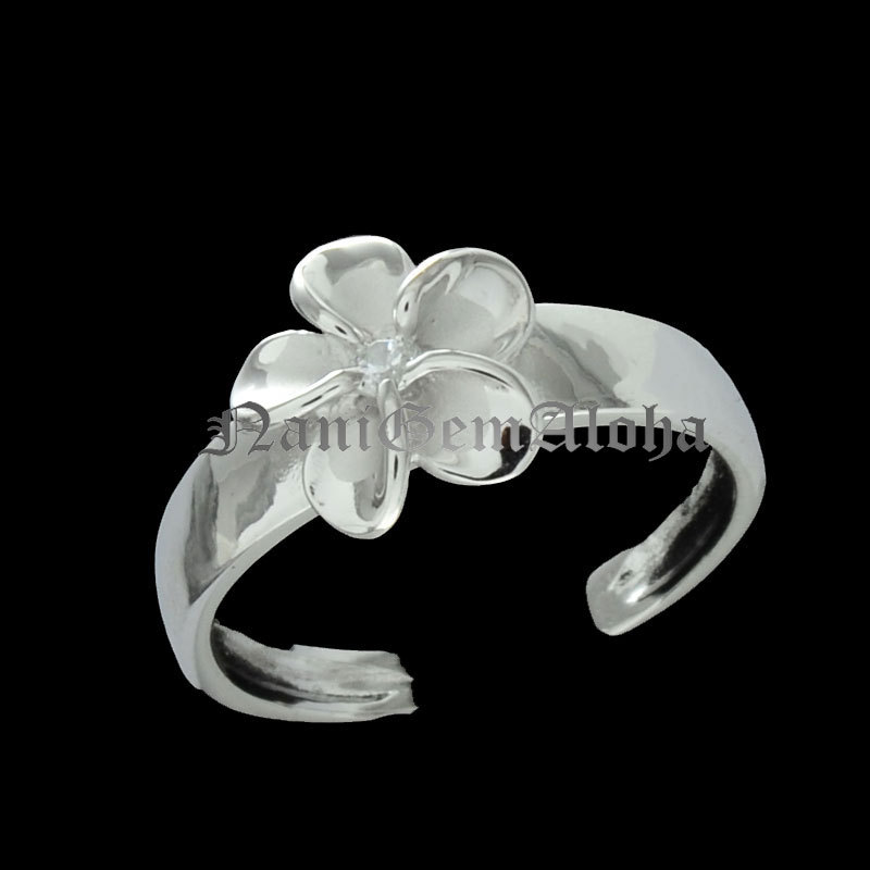 Hawaiian Sterling Silver 8mm Plumeria Flower CZ Toe Ring 14K White Gold Plated