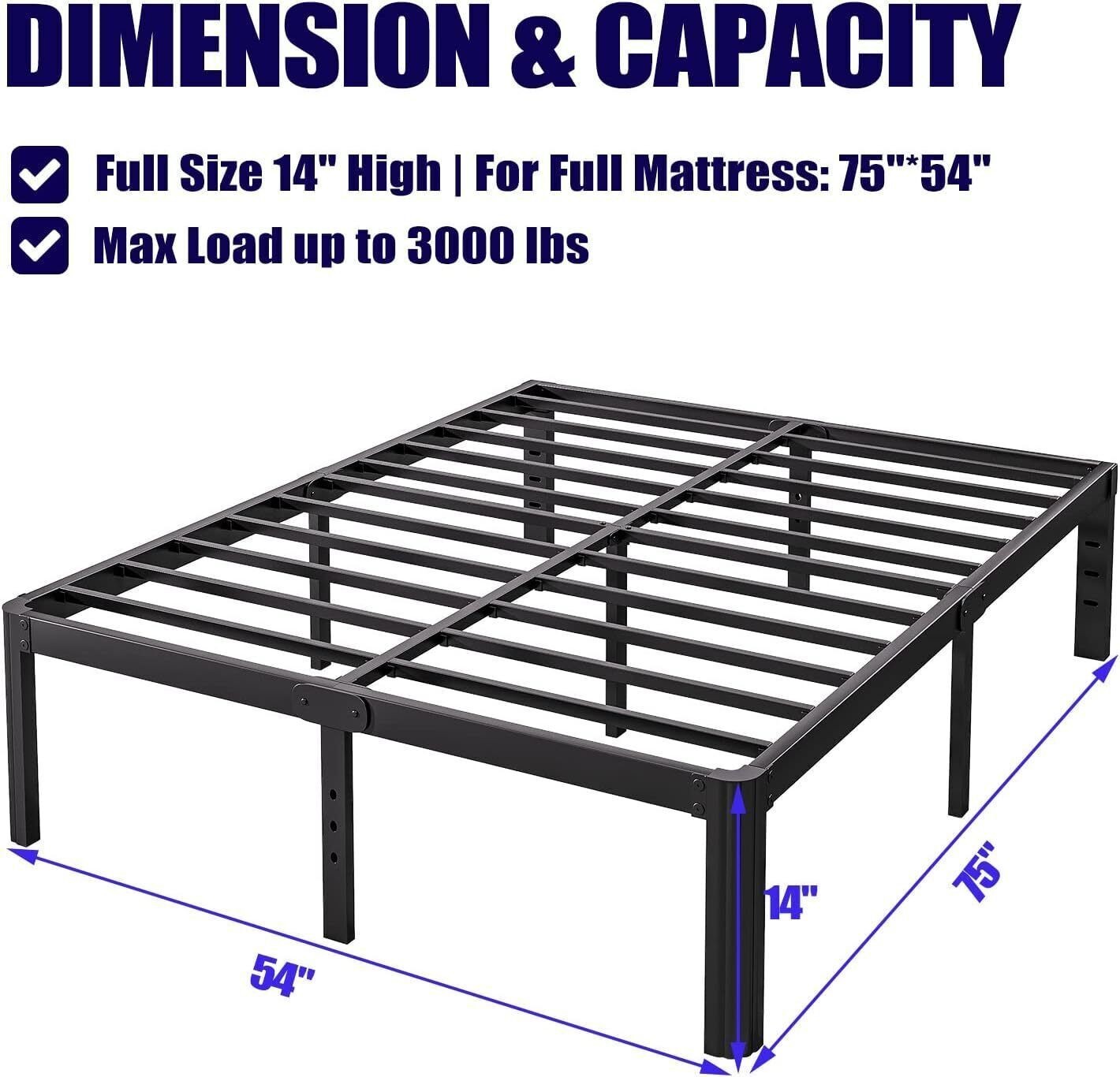 14" Full Size Bed Frame No Box Spring Needed Heavy Duty Metal Platform Bed Frame