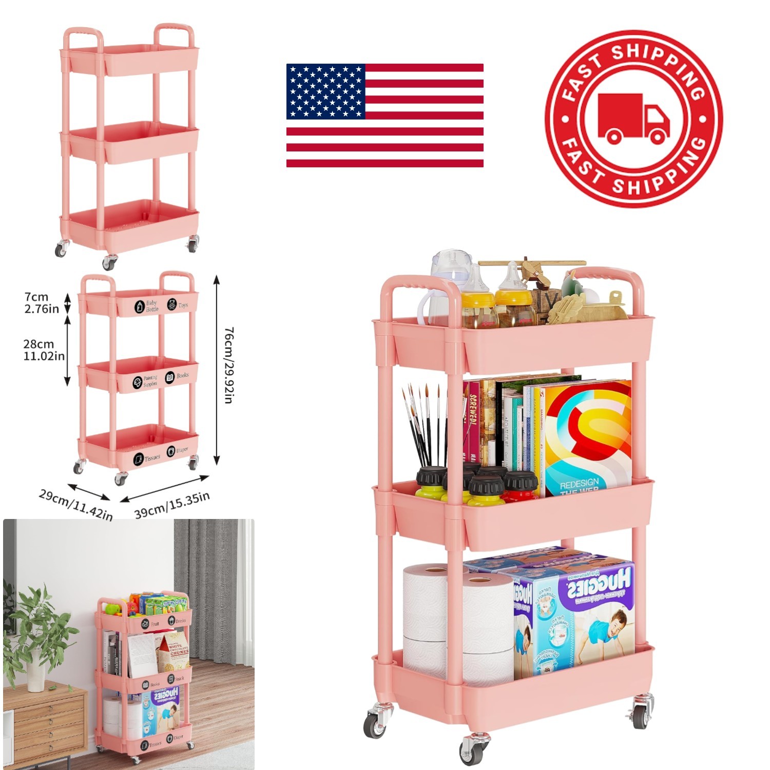 Stylish 3 Tier Utility Cart with Wheels Pink Durable Storage Solution for Home
