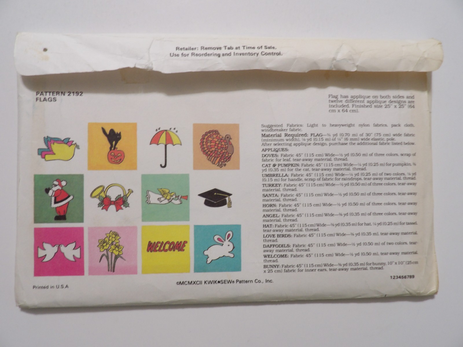 Kwik Sew 2192 Flags 12 Designs Finished Size 25"x25" Uncut Sewing Pattern