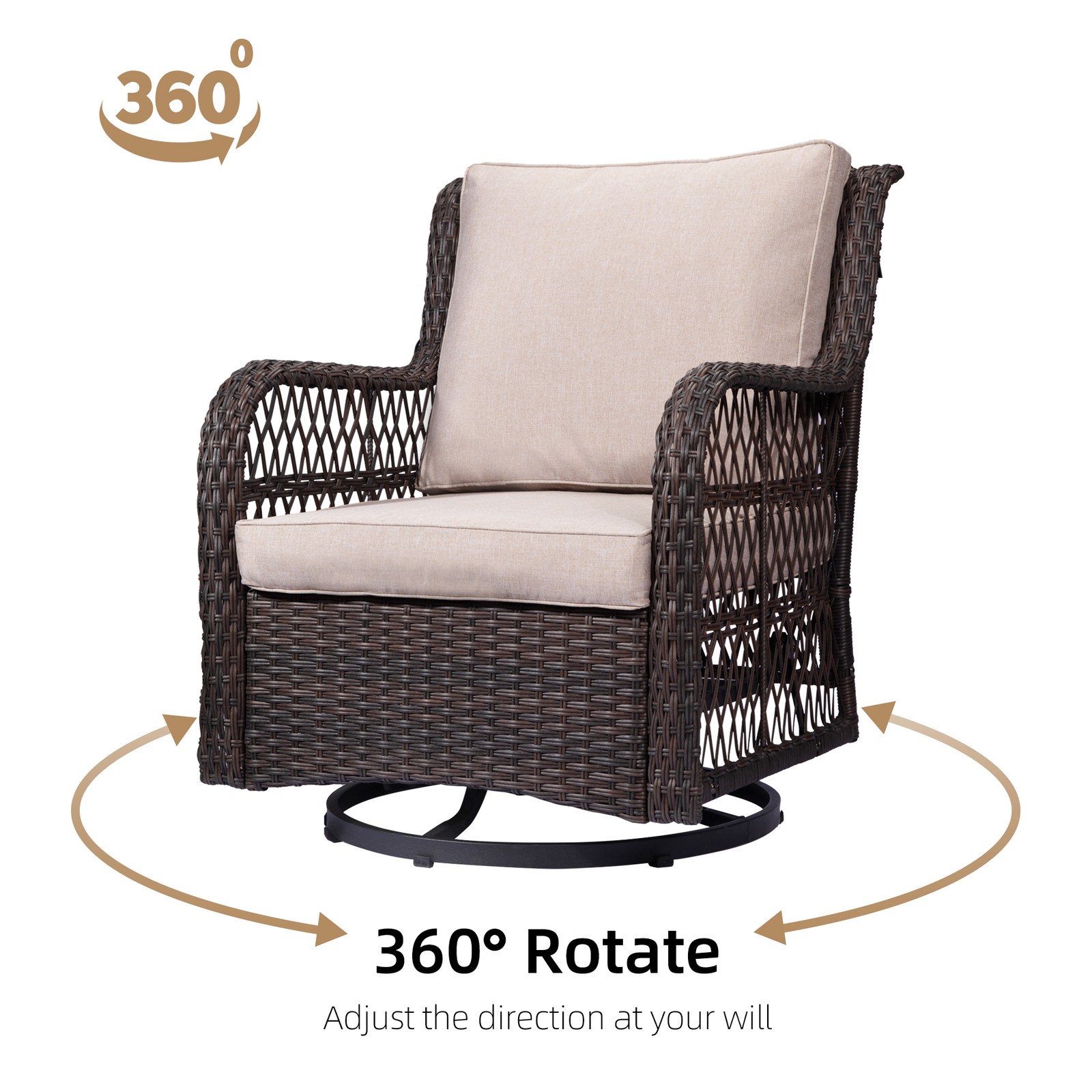 3Pcs Patio Furniture Set, Outdoor Swivel Wicker Chairs, with Rattan Side Table