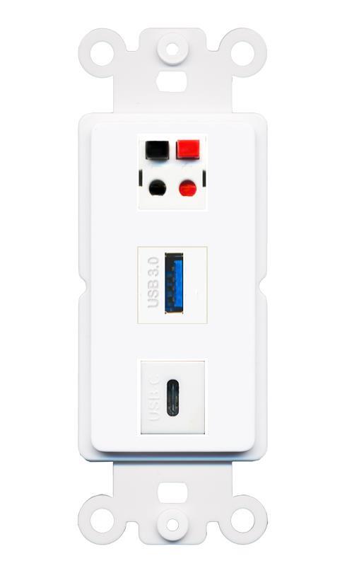 [3 Ports] SPEAKER USB-3 USBC Rocker Wall Plate White
