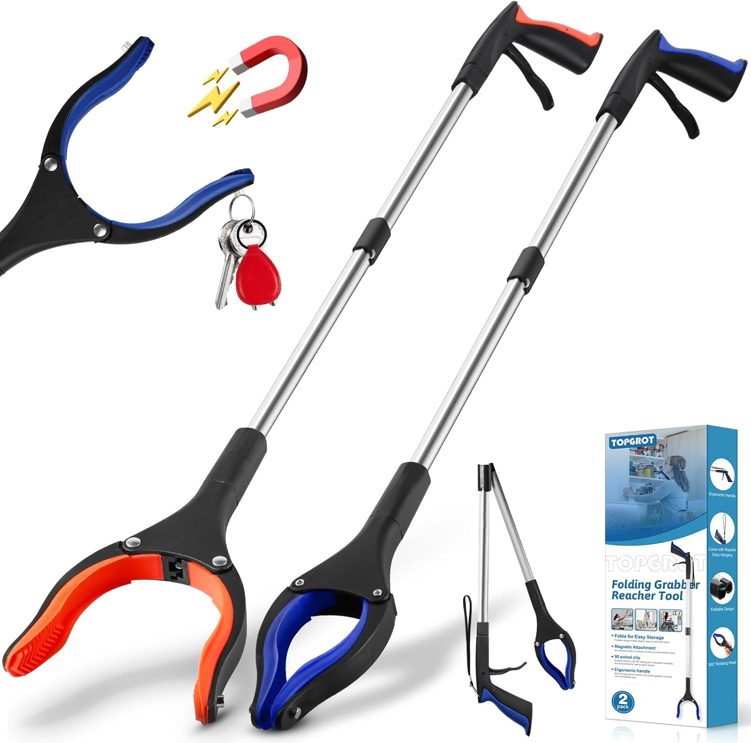 2-Pack Grabber Reacher Tool, 34" Foldable Reacher Grabber Pickup Tool with 360°