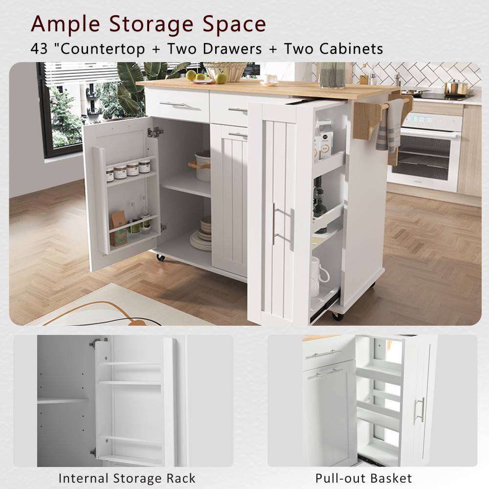 Kitchen Island with Drop Leaf with 3 Tier Pull Out Cabinet Organizer, White