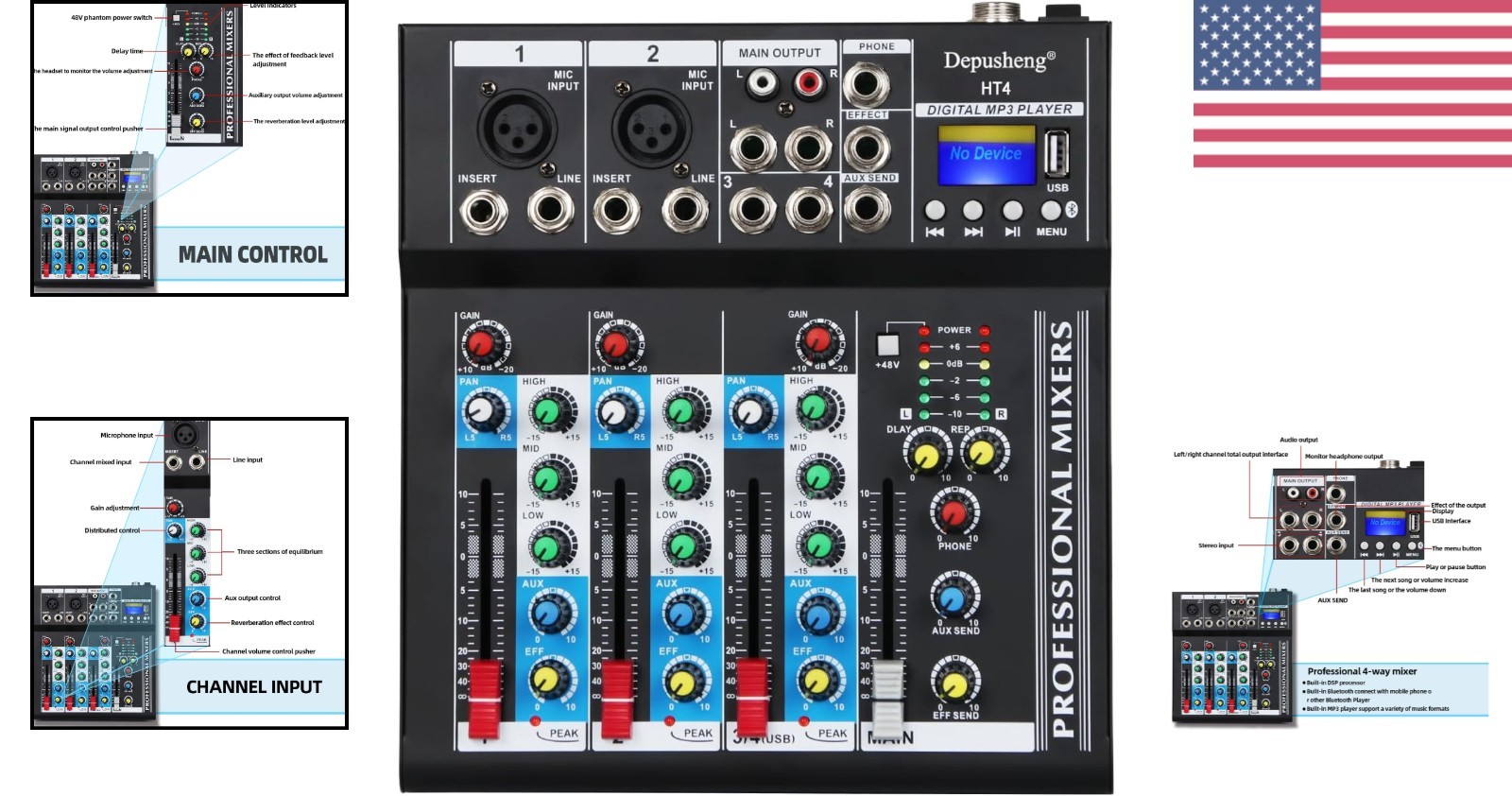 HT4 Portable Bluetooth 4-Channel DJ Mixer with USB for Studio Performance