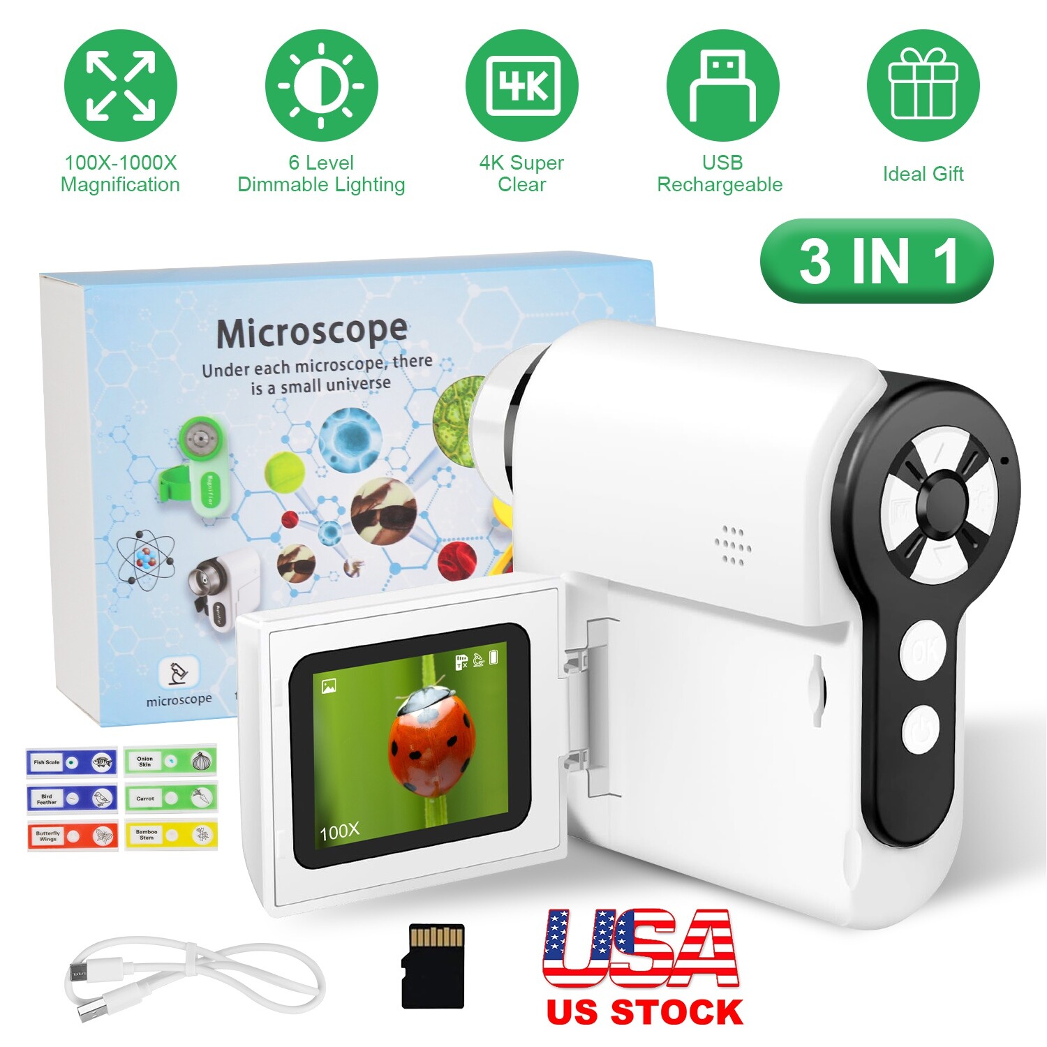 3 In 1 1000X Kids’ Microscope Telescope Camera Handheld USB Mini Microscope