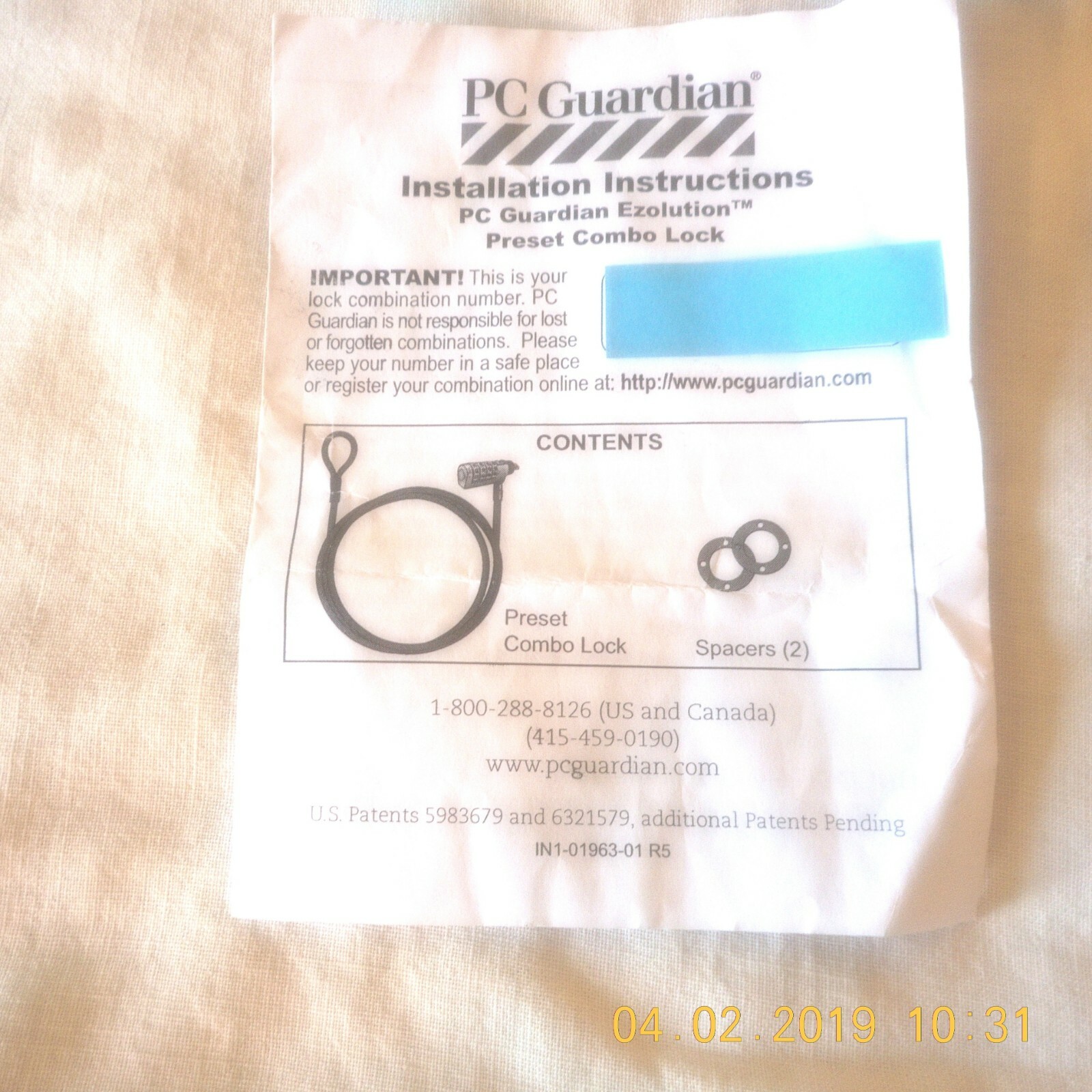 PC GUARDIAN EZOLUTION PRESET COMBO NOTEBOOK PC LOCK #2900-92C