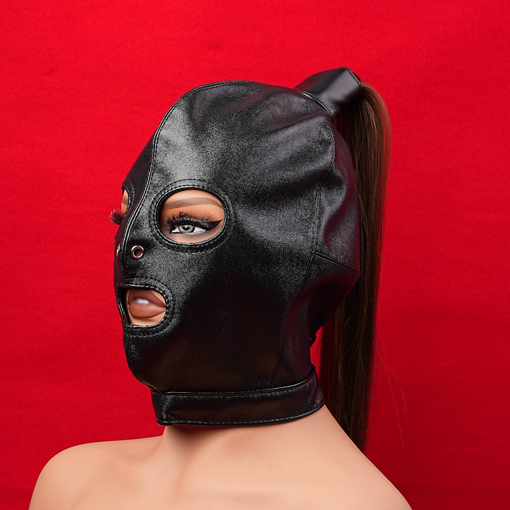 Adult Unisex PU Leather Gimp Head Harness Headgear Hood Party Mask Ponytail Wigs
