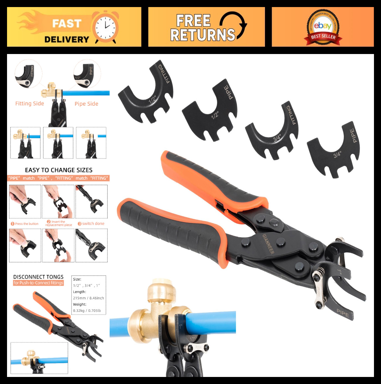 Push to Connect Removal Tool - Disconnect Tongs for 1/2", 3/4", 1" PEX Fittings