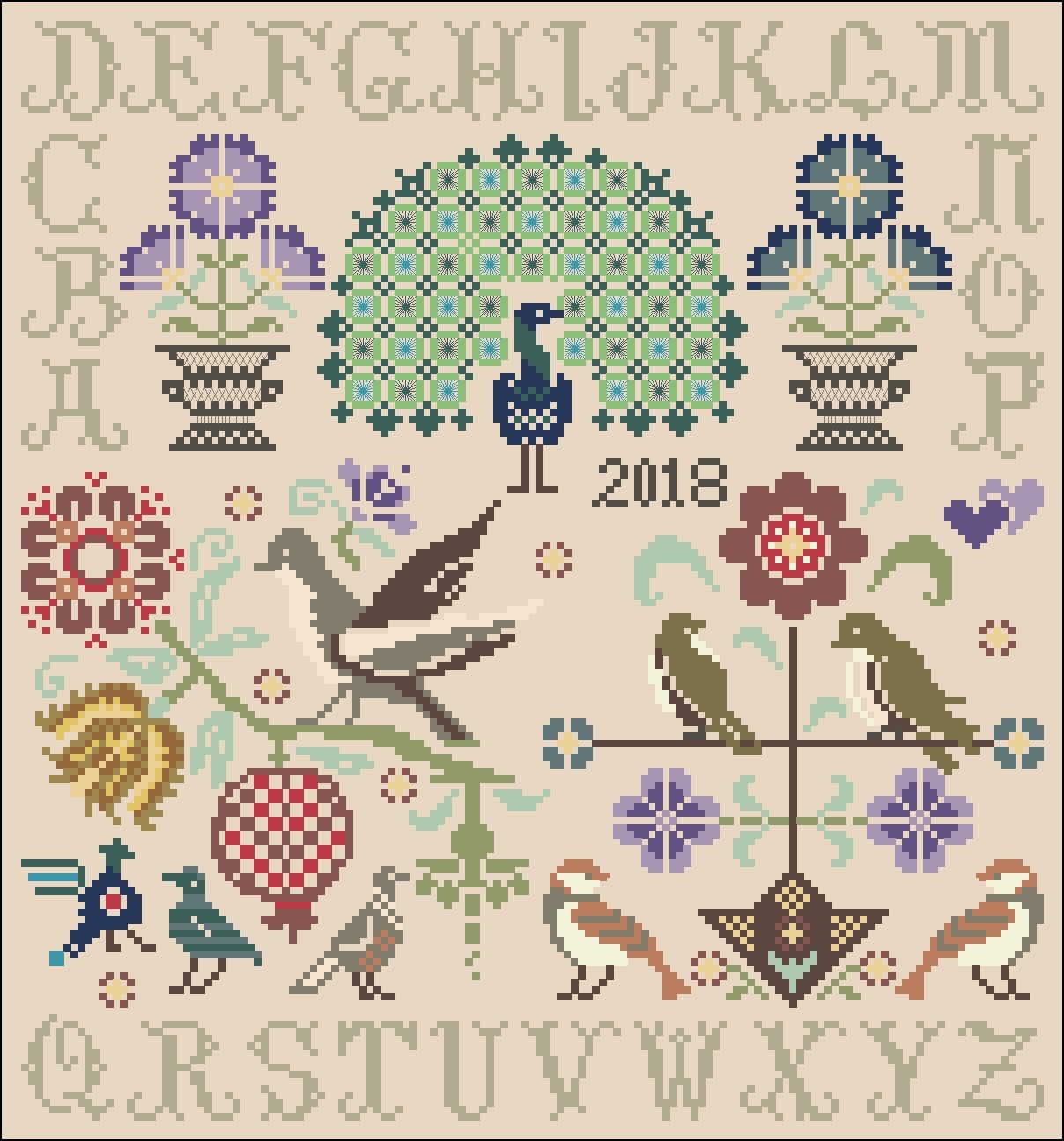 Cross Stitch Pattern Vintage Birds Sampler Nature ABC Beginner Friendly DIY