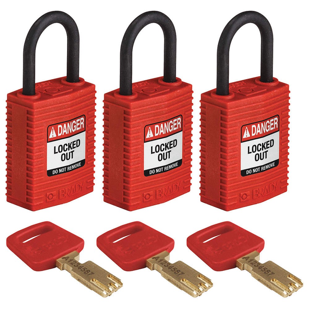 BRADY CPT-RED-25PL-KA3PK Lockout Padlock,Nylon,Red,PK3 55JY59