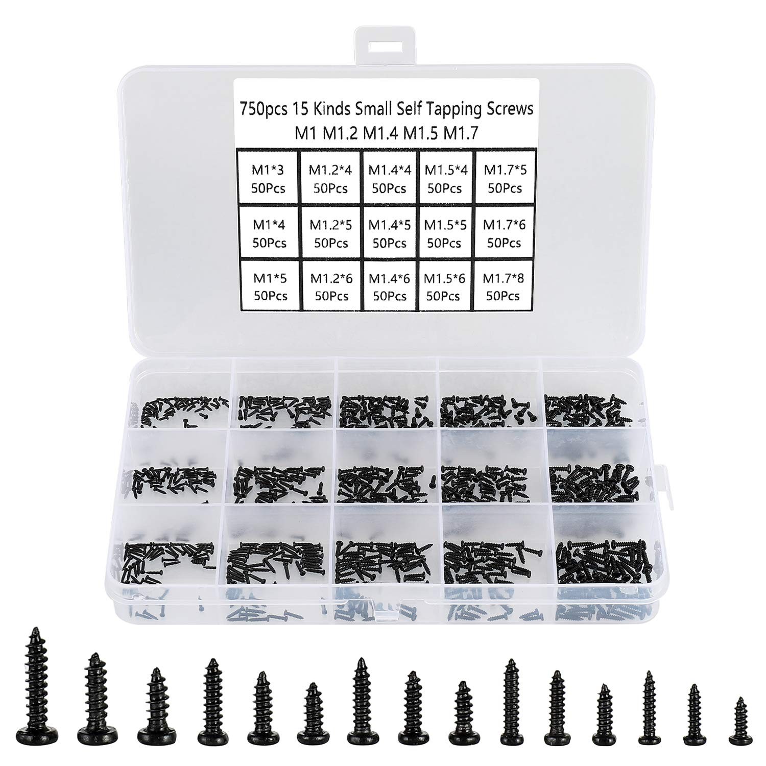 750pcs Black Tiny Screws for Electronics, M1, M1.2, M1.4, M1.5, M1.7 Very Sma...