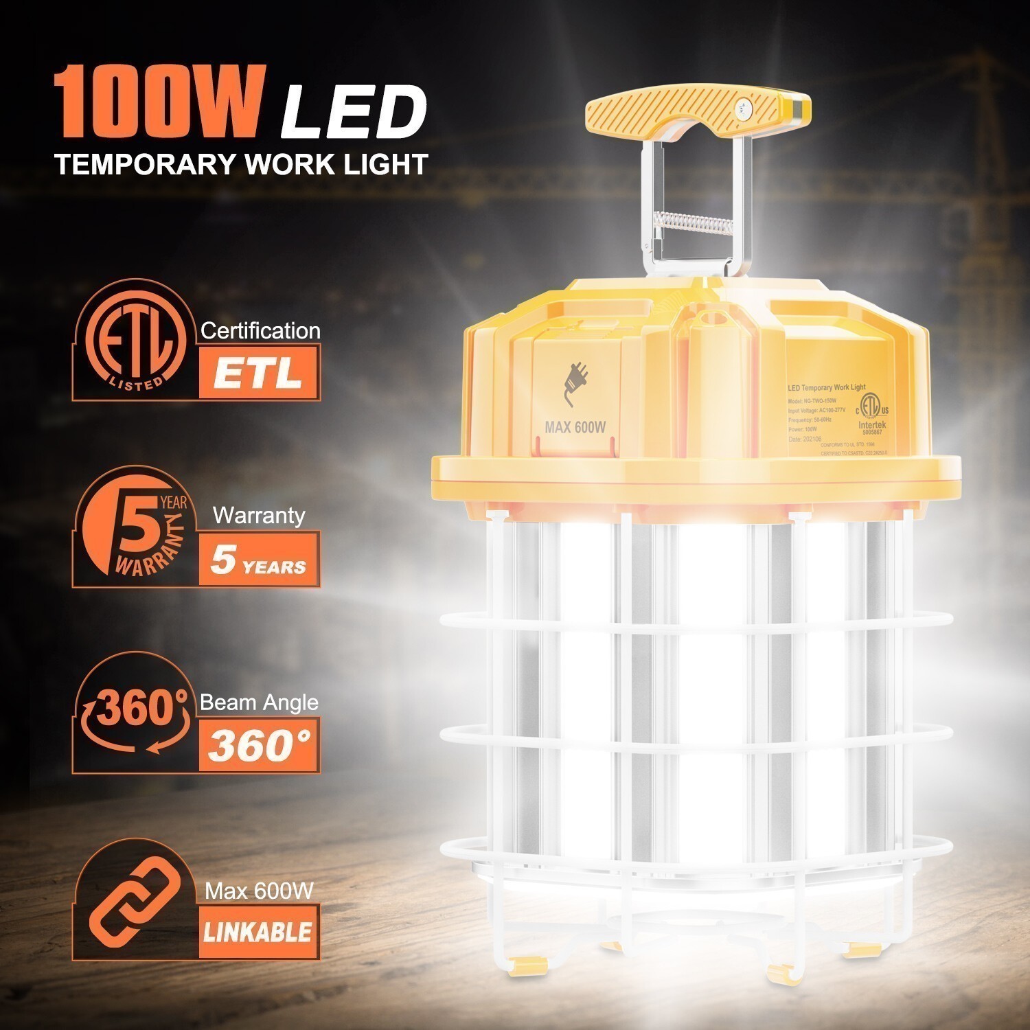 LED Work Light 100W Linkable Outdoor Construction Lights Job Site Lighting 5000K