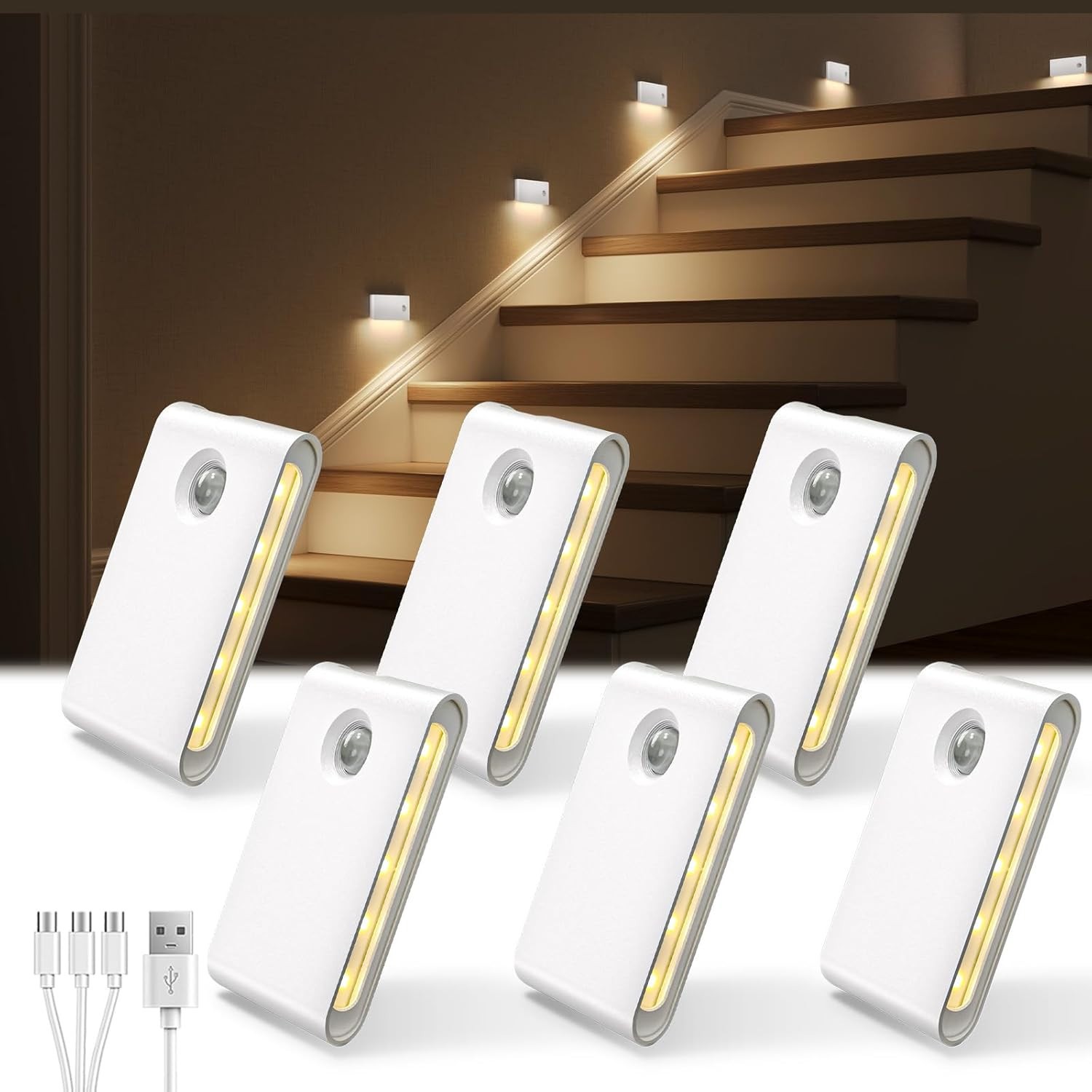 EZVALO 6 Pack Motion Sensor Night Lights, Sync LED Stair Lights Indoor, 1500Mah