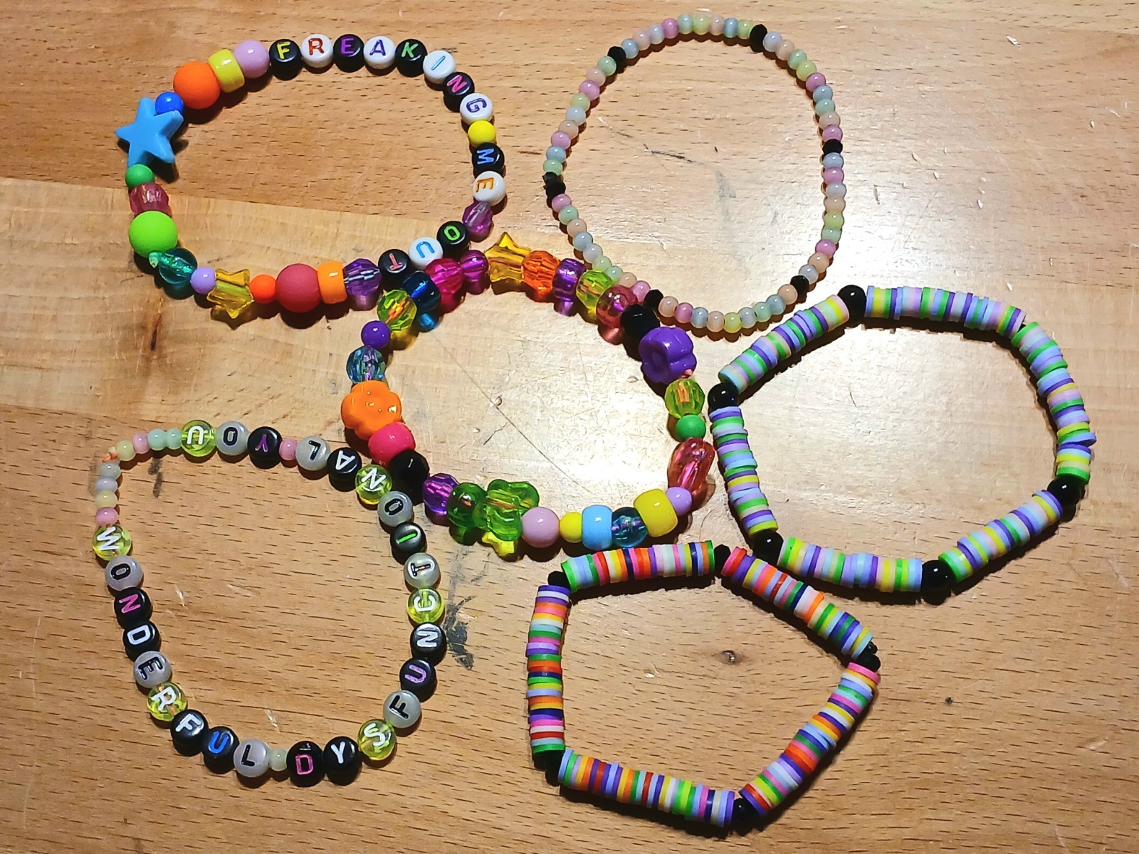 Handmade Colorful Beaded Bracelet Lot of 6 Fun Whimsical Set + Song Titles