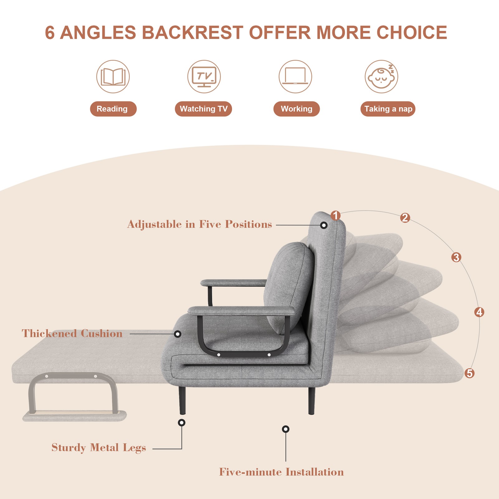 5-in-1 Convertible Sofa Bed Chair Adjustable Backrest Folding Sleeper Grey
