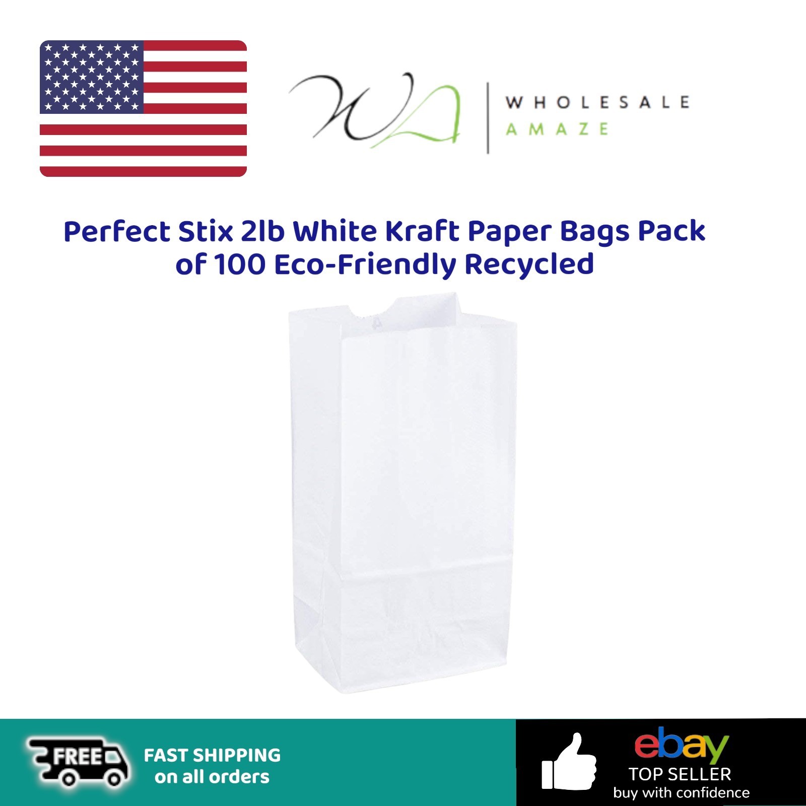 Perfect Stix 2lb White Kraft Paper Bags Pack of 100 Eco-Friendly Recycled