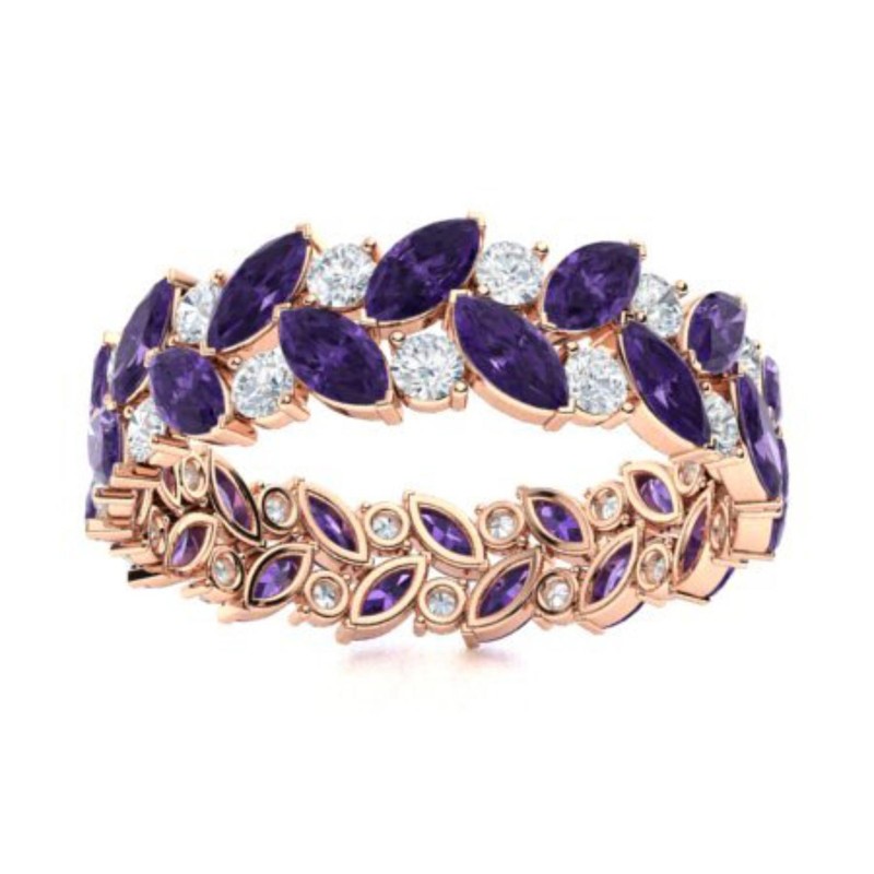 Marquise Amethyst Eternity Ring 925 Silver Rose Plated Wide Leaf Wedding Ring