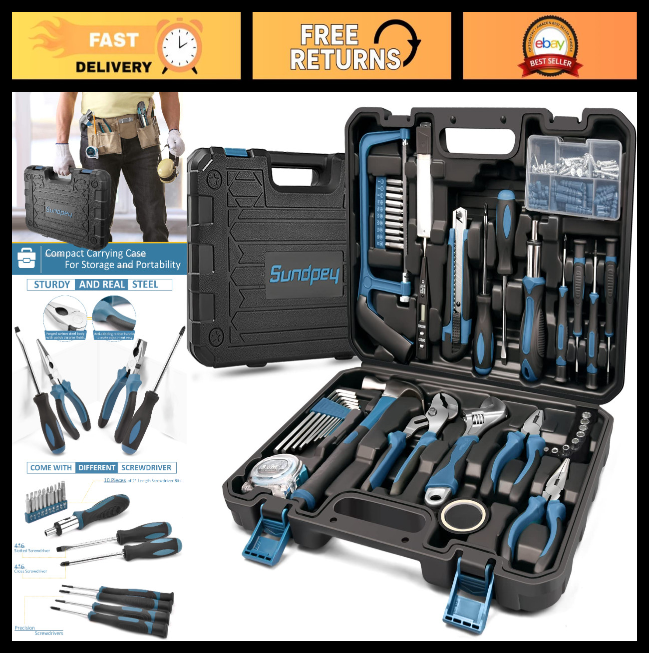 148 Pcs Portable Hand Tool Kit Set with Case - Ratchet Screwdriver, Wrench, Plie