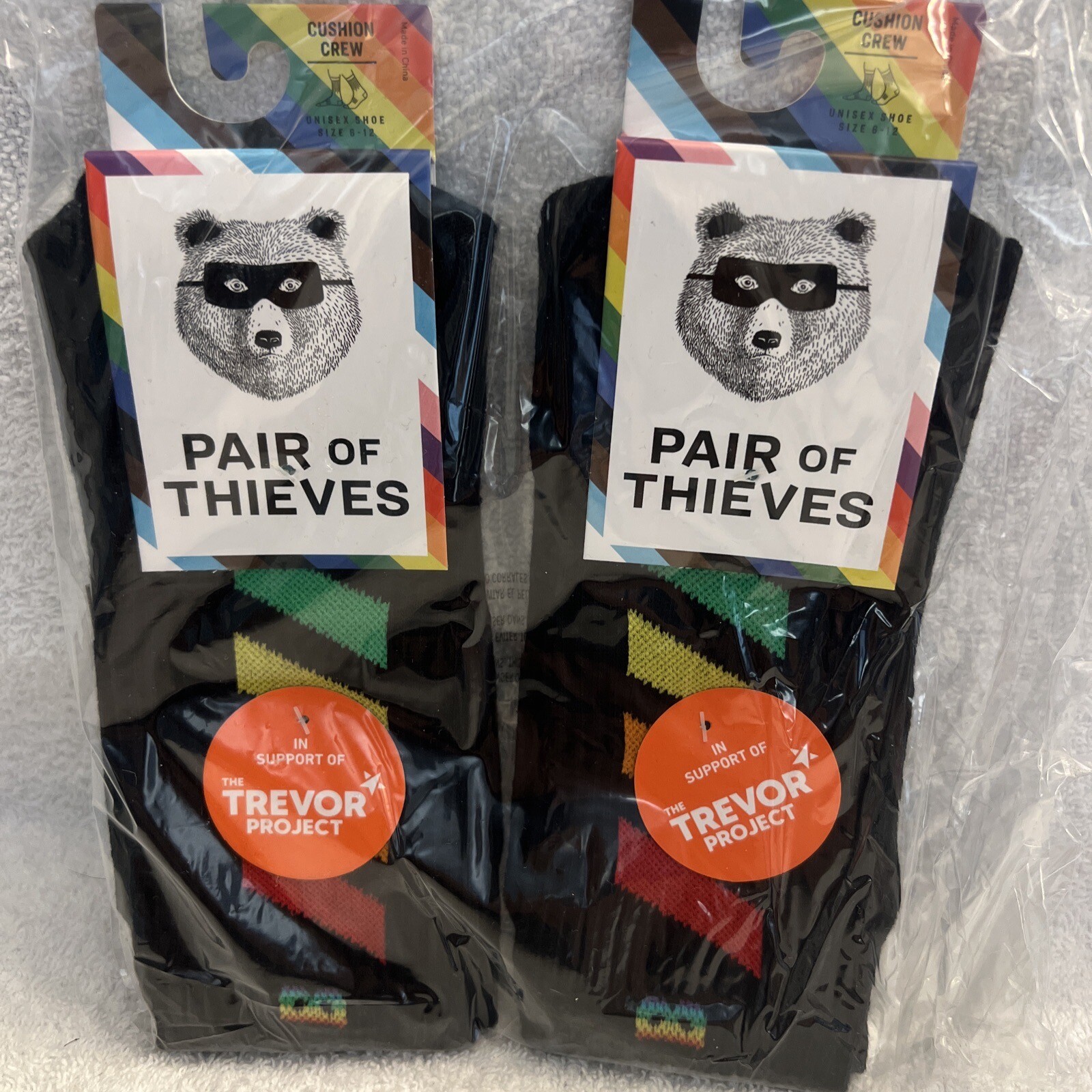 New 2 Pair of Thieves LGBTQ Pride "The Trevor Project" Black Rainbow Socks 6-12
