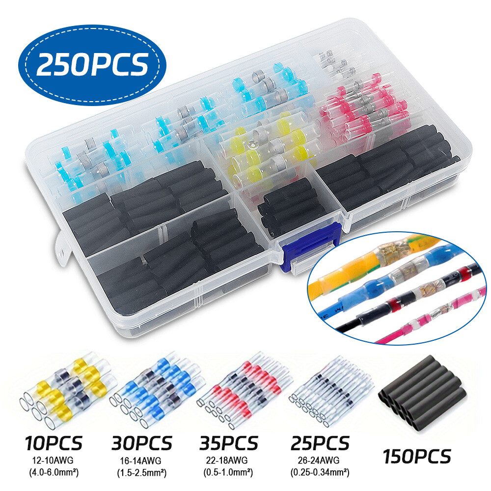 250pcs Waterproof Solder Seal Heat Shrink Wire Butt Terminal Connectors Kit Set
