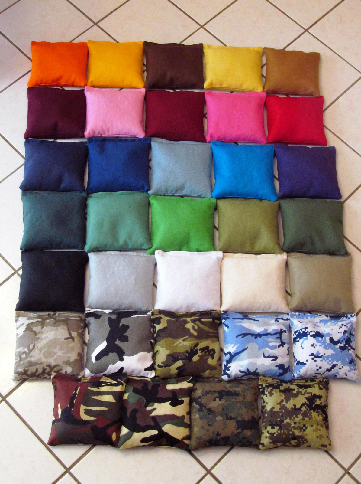 8 Cornhole Bags, 4 each of two colors - 34 color choices including camo fabrics