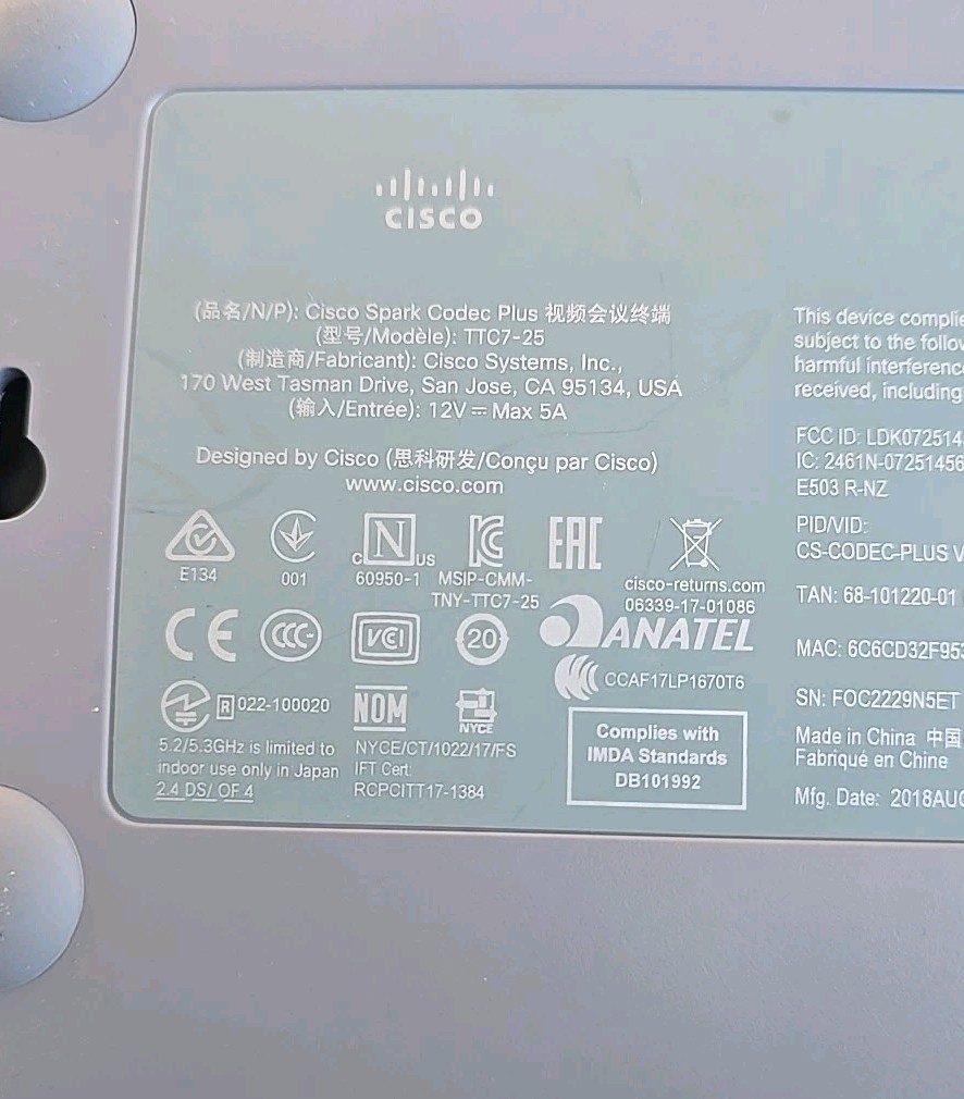 Cisco Spark Codec Plus TTC7-25 Webex Codec Plus
