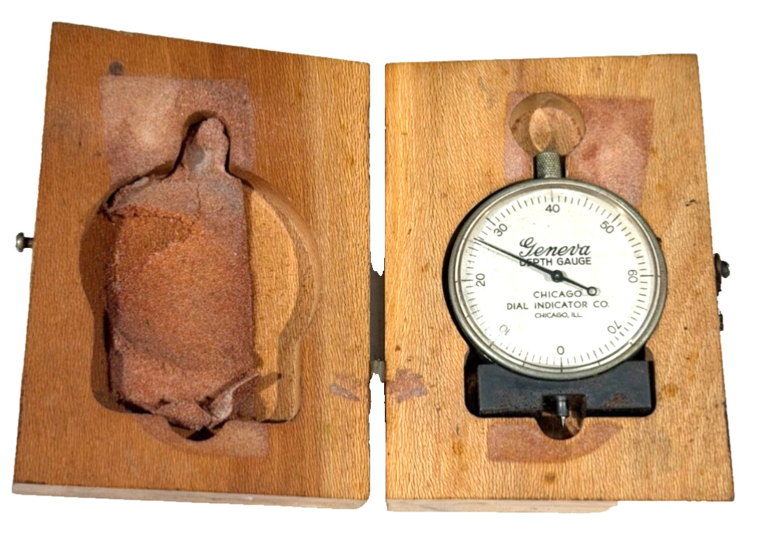 VINTAGE GENEVA DEPTH GAUGE, CHICAGO DIAL INDICATOR CO. w/ WOODEN CASE