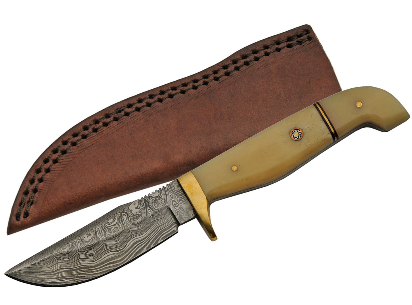 Damascus Steel Hunting Knife | 8" Overall Real Bone Handle + Leather Sheath