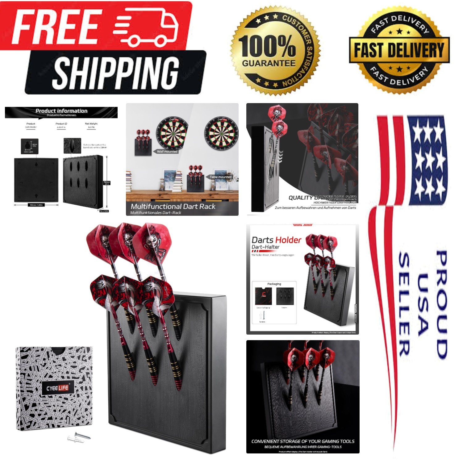Wall Mounted Darts Holder/Stand,Dart Case Displays 6 Set of Steel/Soft Tip Da...