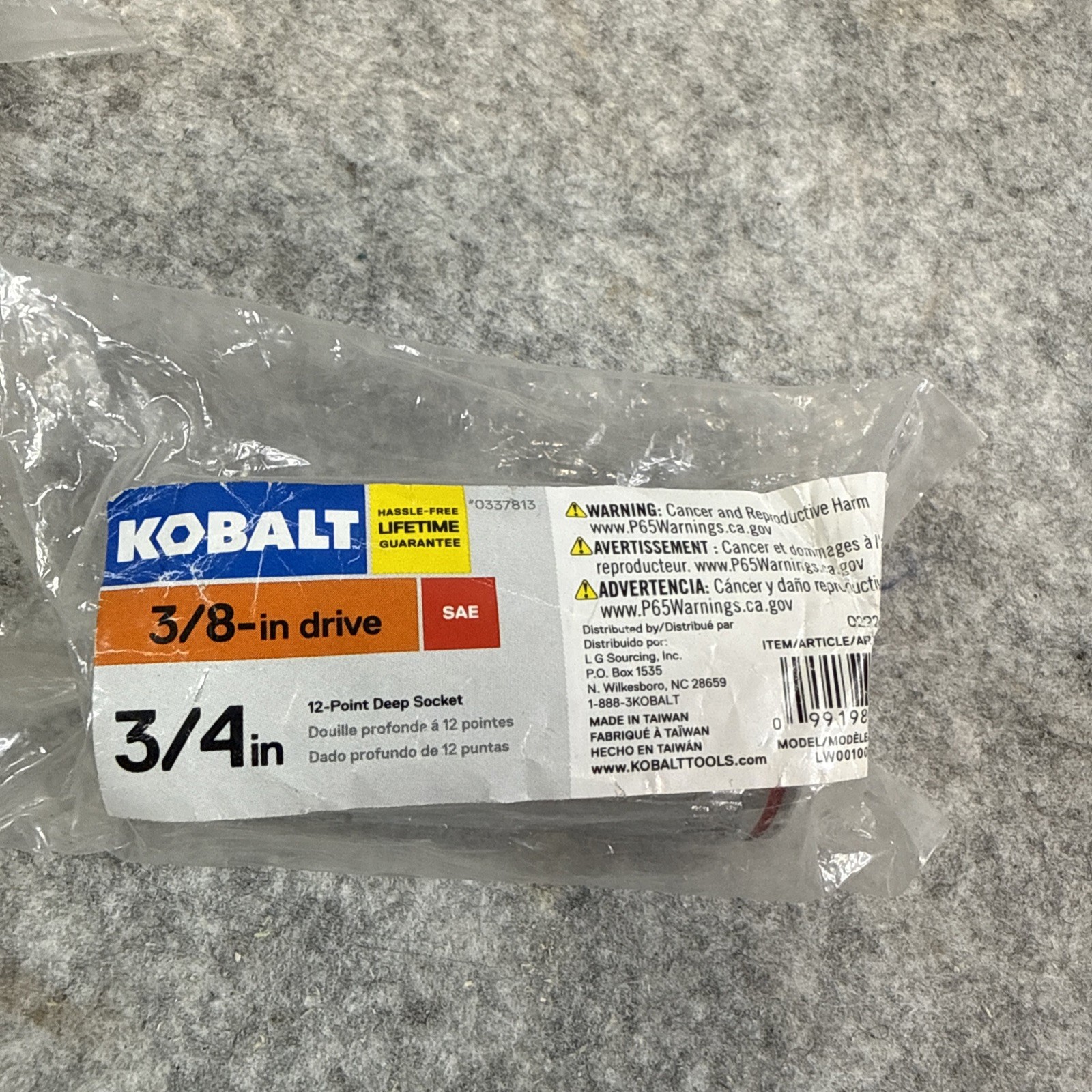 KOBALT 337813, 3/4in. 3/8 Drive Deep 12pt SAE Socket-Red Stripe-Store Packaging