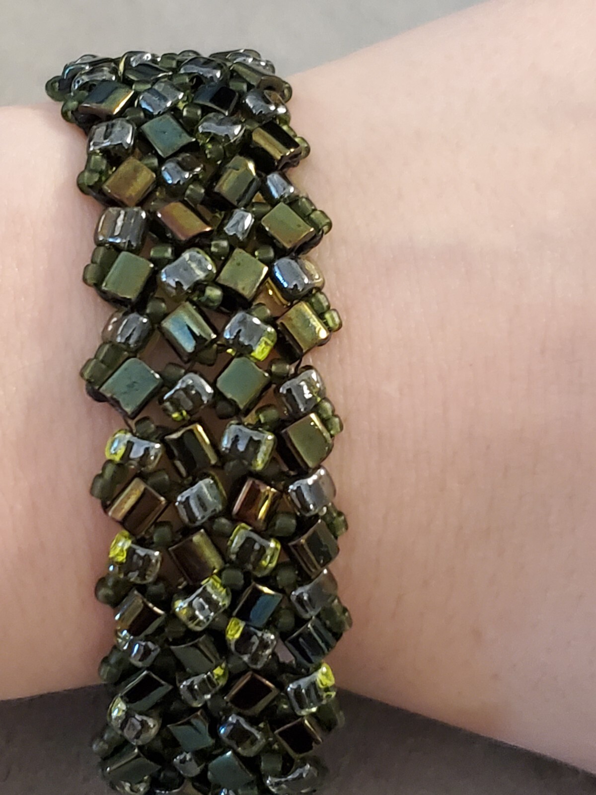 Geometric Green Glass Bracelet Sterling Clasp Elegant Handmade