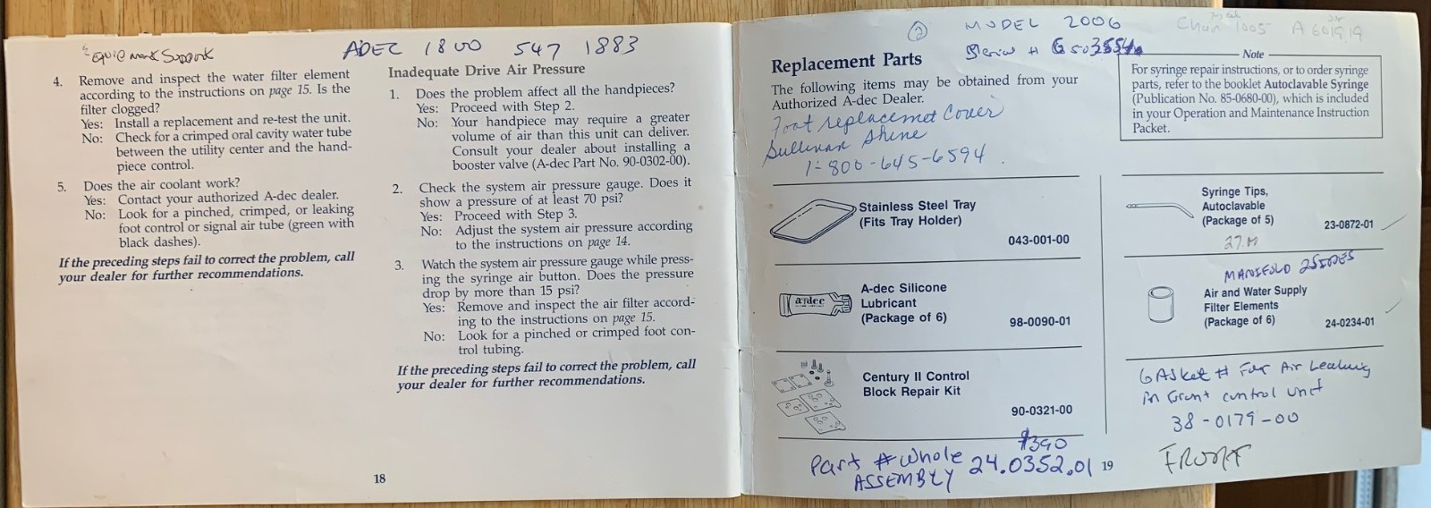 Two Adec Operation Maintenance Instruction Manuals Handpiece Control Cuspidor