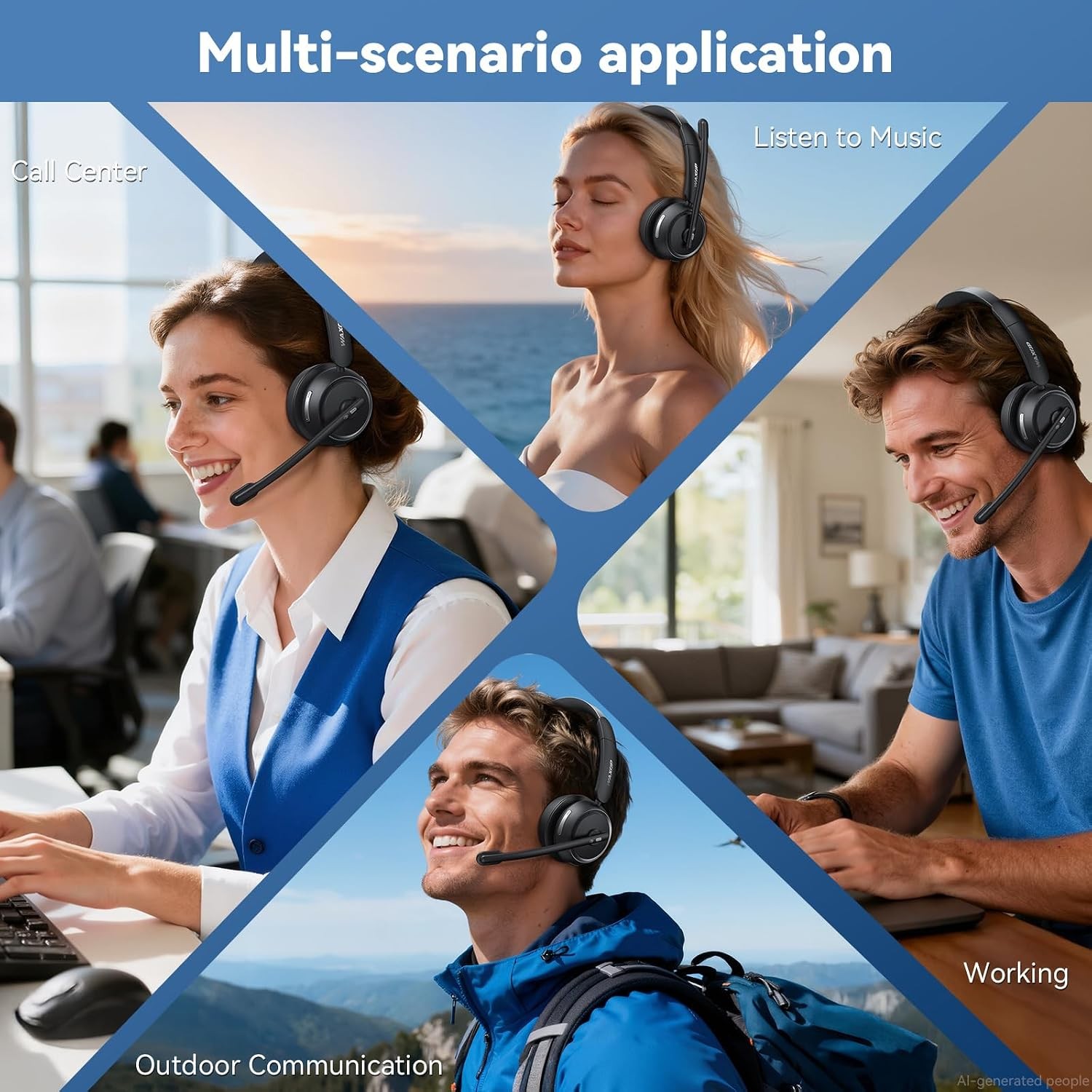 Bluetooth Wireless Headset with AI Noise-Cancelling Microphone